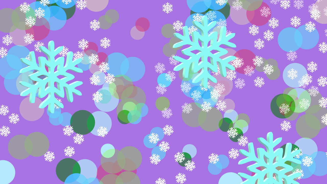 Gran cantidad de copos de nieve en 3D de diferentes tamaños sobre fondo lila y coloridos círculos.