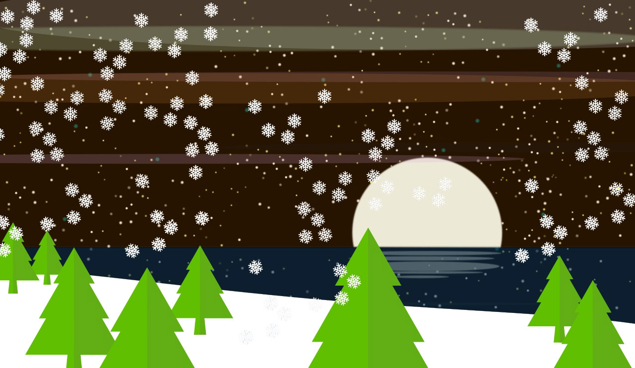 Tarjeta navideña de stock, vista invernal con enorme luna y reflejos en el lago