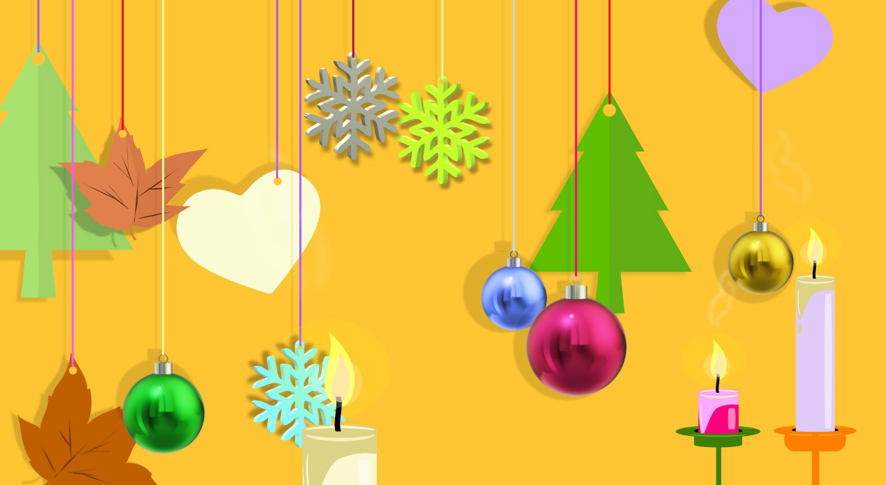 Decoraciones de temporada. Corazones, bolas navideñas, hojas secas, velas, copos de nieve y árboles de Navidad.