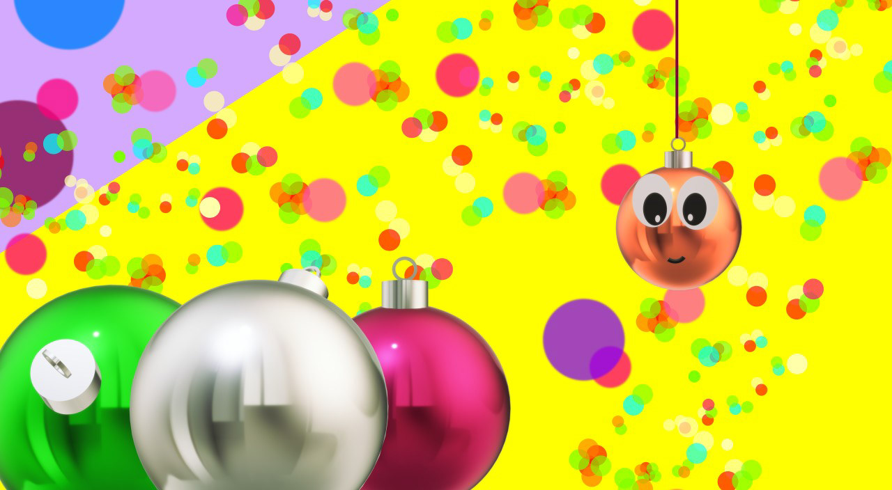 Expresión simpática de coloridas bolas decorativas navideñas. Estampa de Navidad sobre un fondo lleno de color