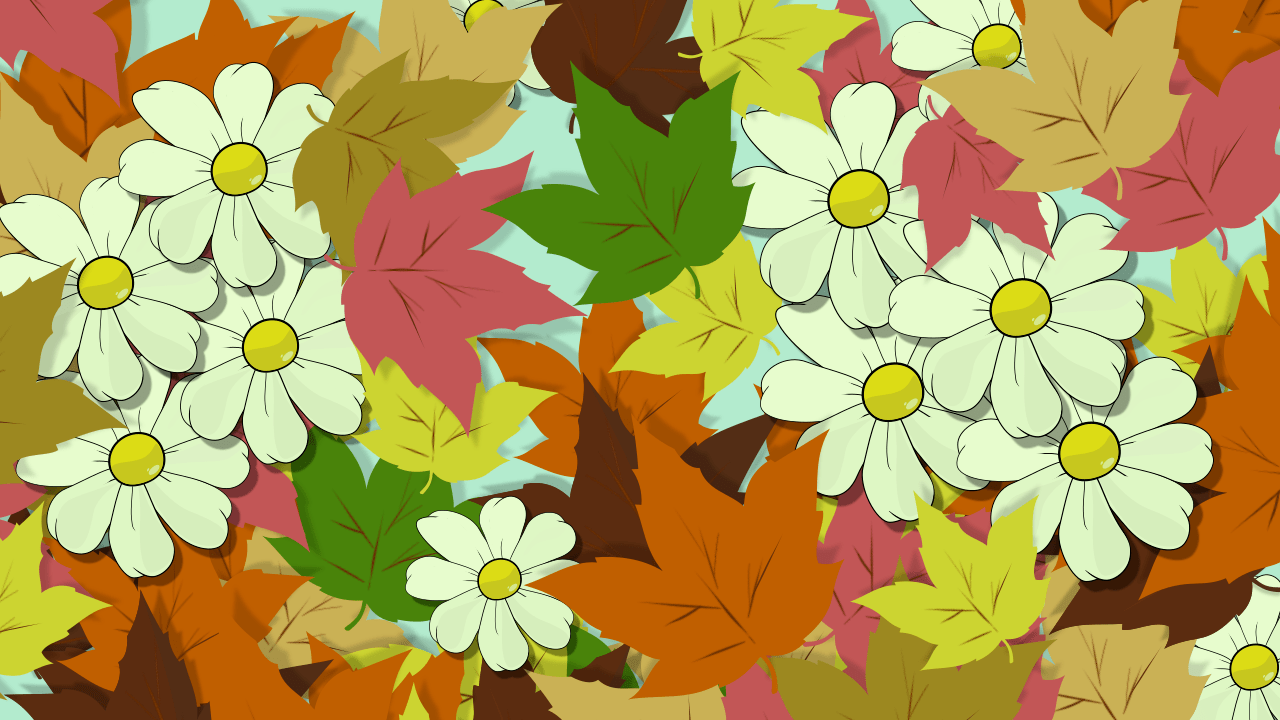 Ilustración de microstock por Tenebroso para Banco de Imágenes compuesto de un diseño de fondo repleto de margaritas y hojas de árbol secas de diferentes tonalidades, estilo fondo de pantalla