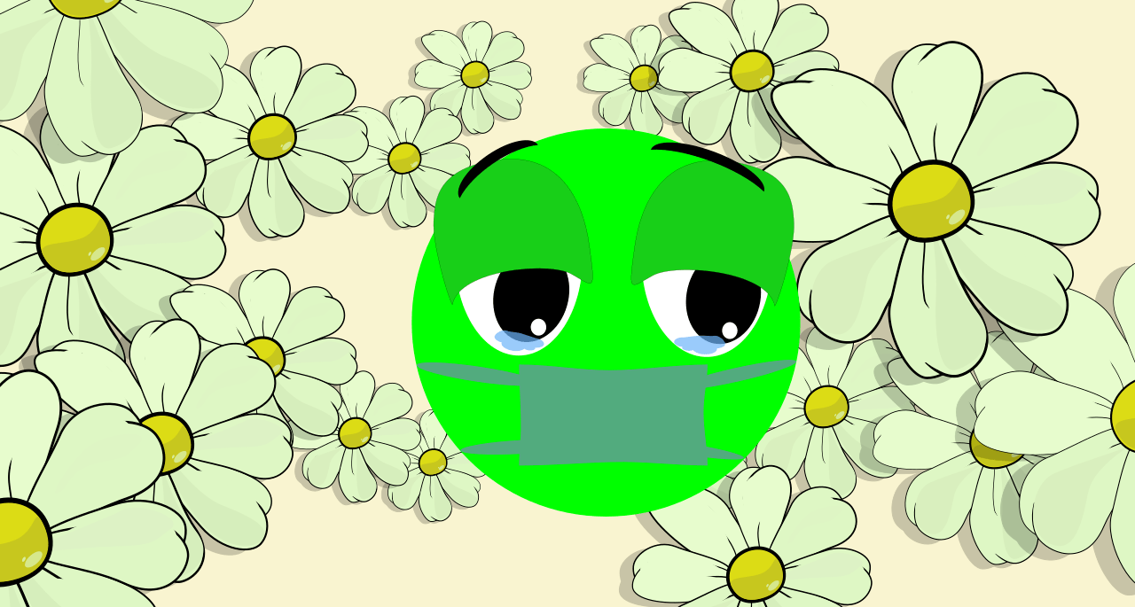 Triste y enfermiza cara entre La Margarita más Hermosa de Internet. Emoticón verde, TeneGreen. Expresión dolorida con máscara en la boca representando la alergia al polen de la flor. Imagen de stock para los principales Bancos de Imágenes por Tenebroso. #Tenebrous