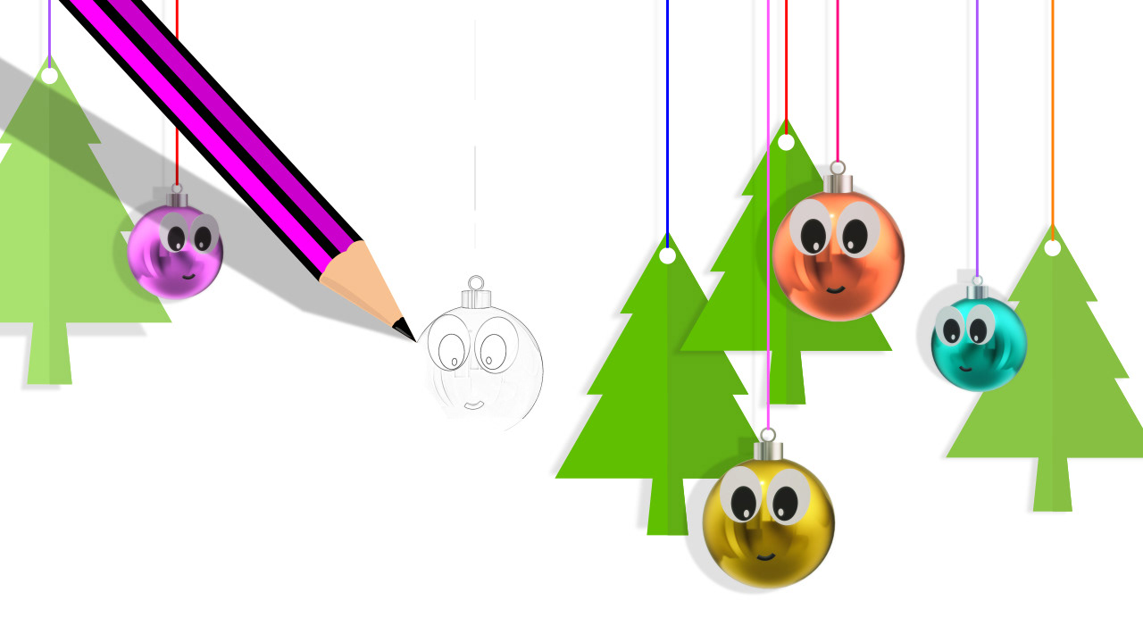 Lápiz pintando una bola decorativa de navidad junto a más esferas con expresión y árboles ya terminados