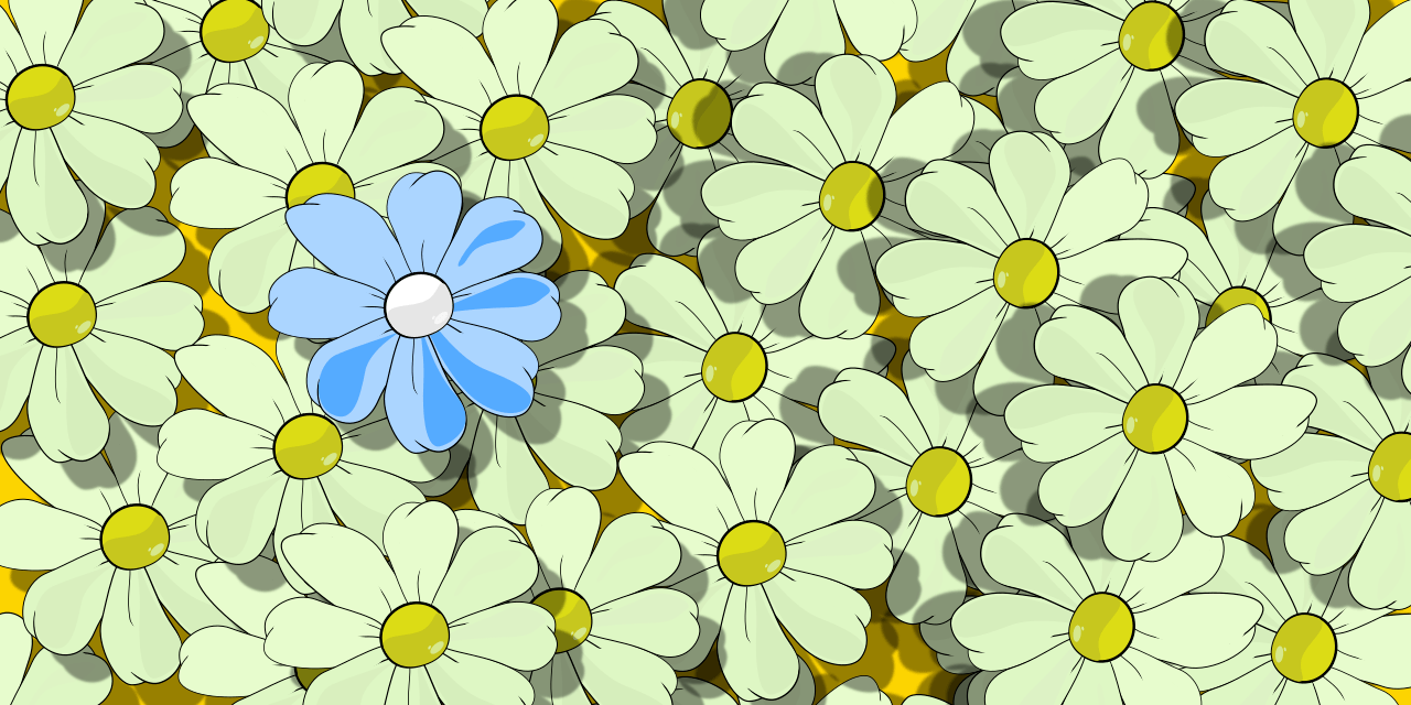Wallpaper, póster repleto de flores blancas de la margarita más hermosa de internet y una azul en primer plano. Estilo fondo de escritorio o de pantalla por Tenebroso para stock de banco de imágenes