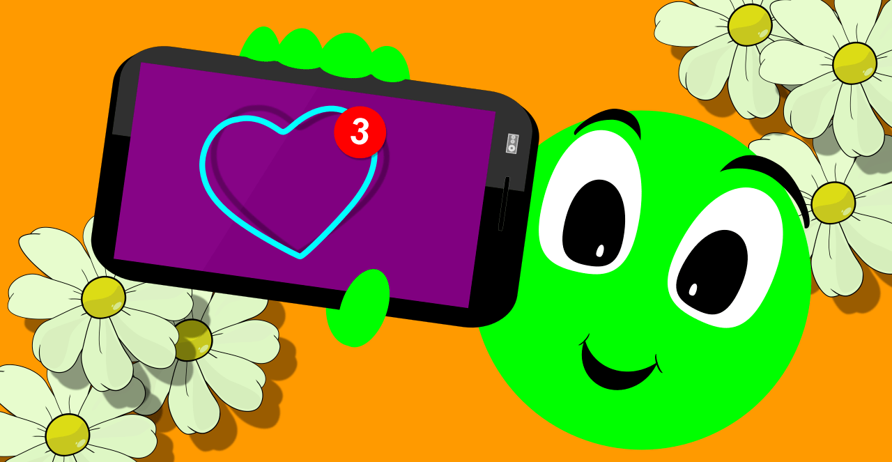 Simpática cara sonriente entre La Margarita más Hermosa de Internet, mostrando un móvil con la notificación de tres mensajes recibidos de amor. Perfil de un corazón en la pantalla del teléfono inteligente. Emoticón verde, TeneGreen. Alegría y tierna expresión en imagen de stock para banco de imágenes por Tenebroso. #TenebrosoGoat