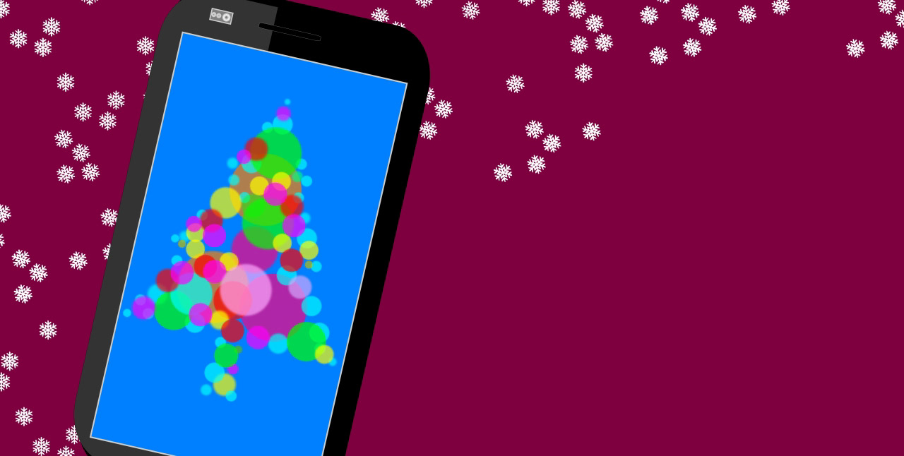 Móvil con árbol de navidad compuesto de luces en la pantalla y fondo color vino con copos de nieve.