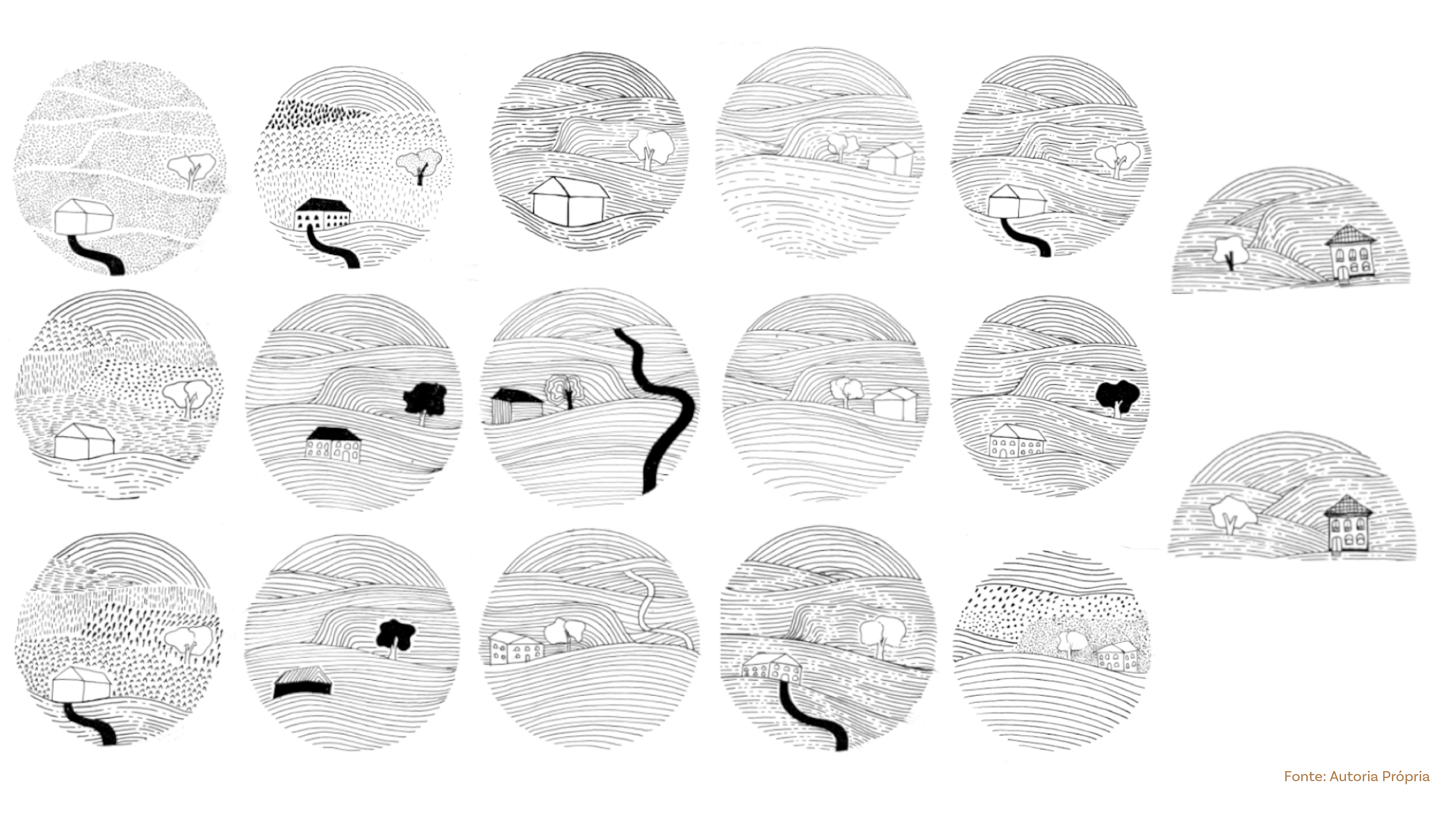Estudos de técnicas manuais e composições da ilustração utilizando papel vegetal e caneta nanquim, depois digitalizado.
