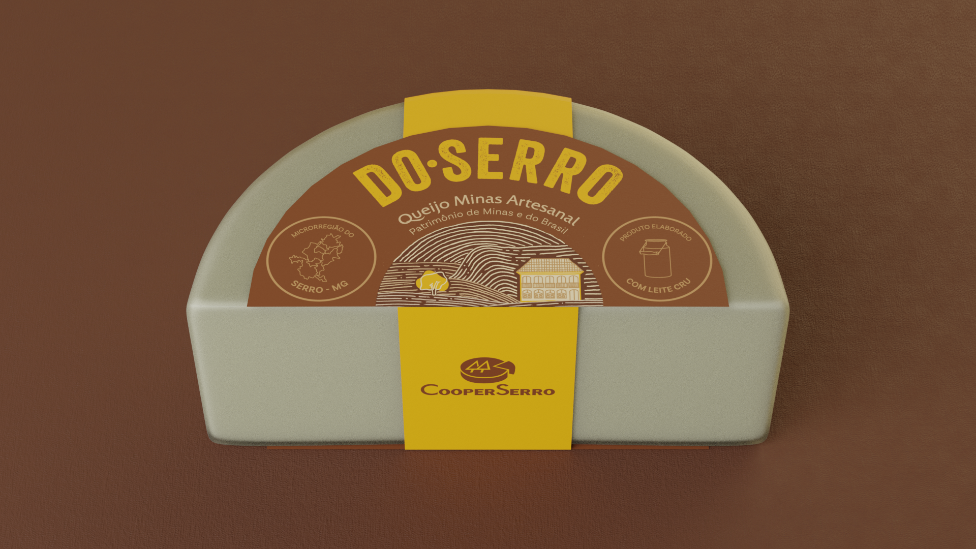 Vista lateral em pespectiva da embalagem da linha comercial do meio queijo meia cura.