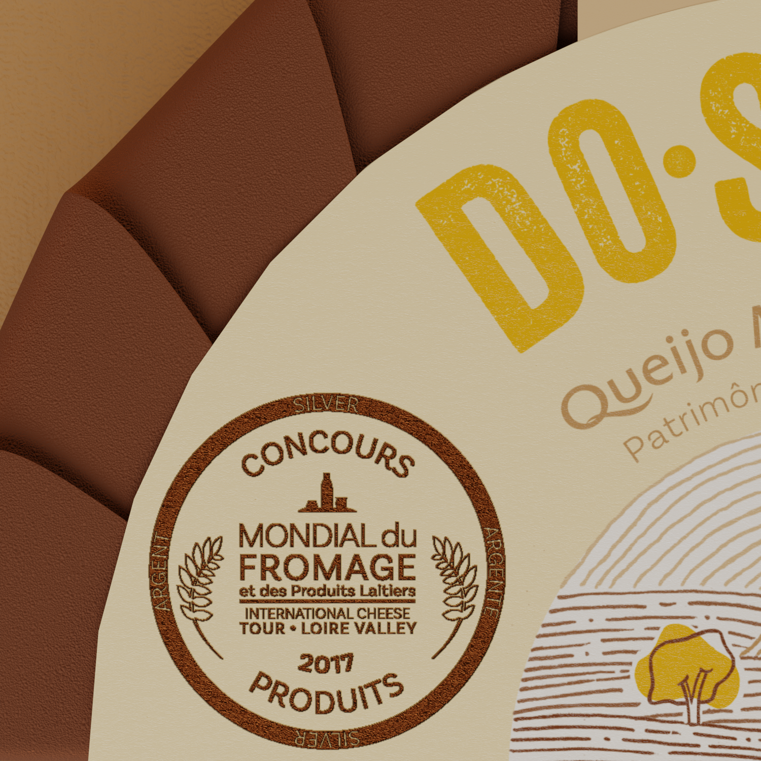 Detalhe do hotstamp aplicado na embalagem da linha comercial do meio queijo curado.