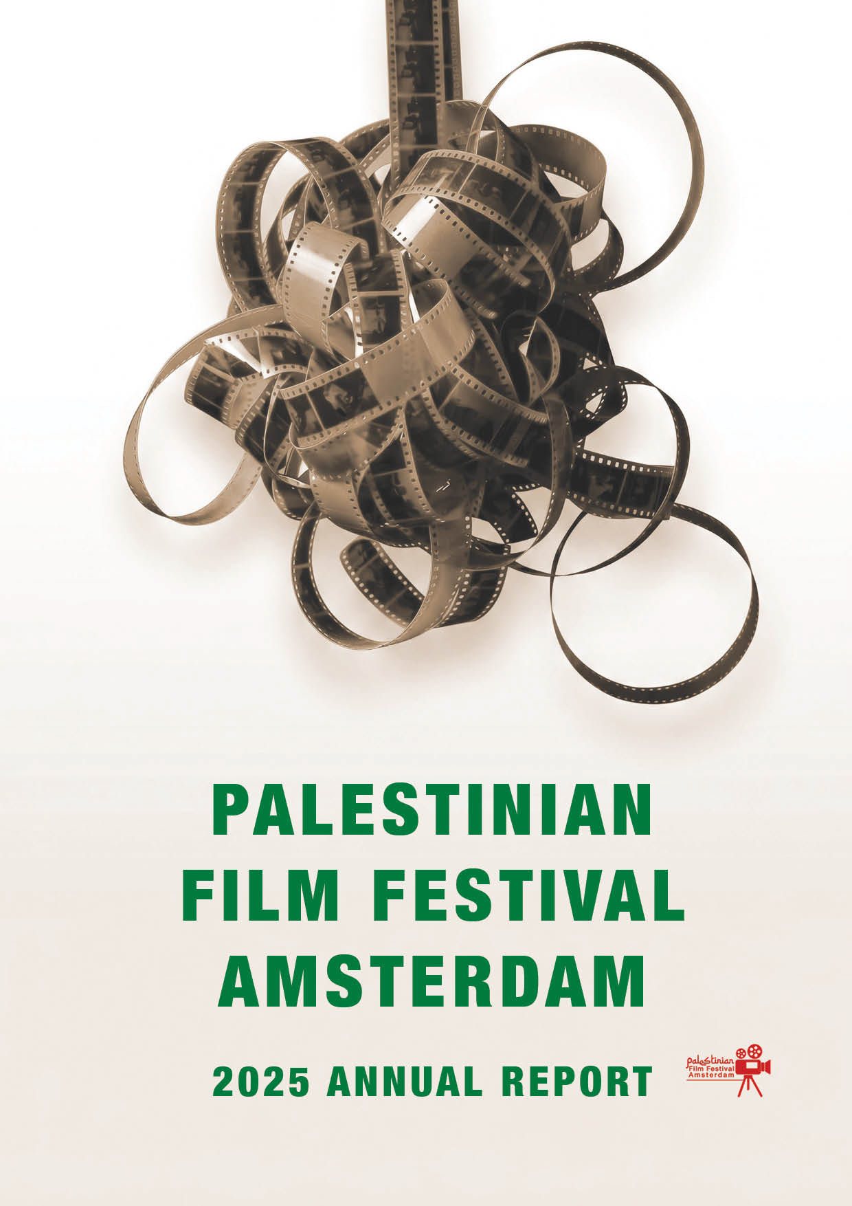 Editorial design van het 24 pagina’s tellende Jaarverslag 2025 voor het Palestinian Film Festival Amsterdam.