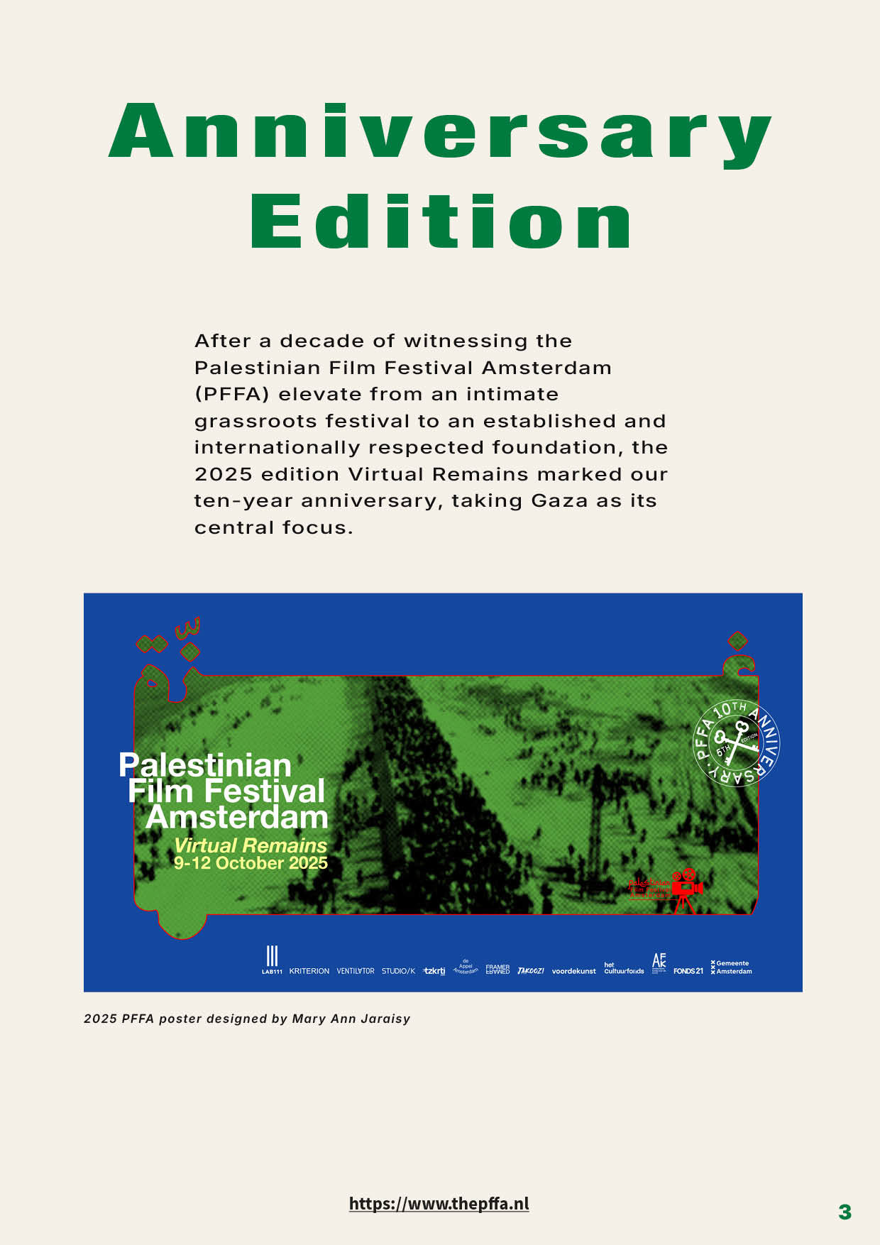 Editorial design van het 24 pagina’s tellende Jaarverslag 2025 voor het Palestinian Film Festival Amsterdam