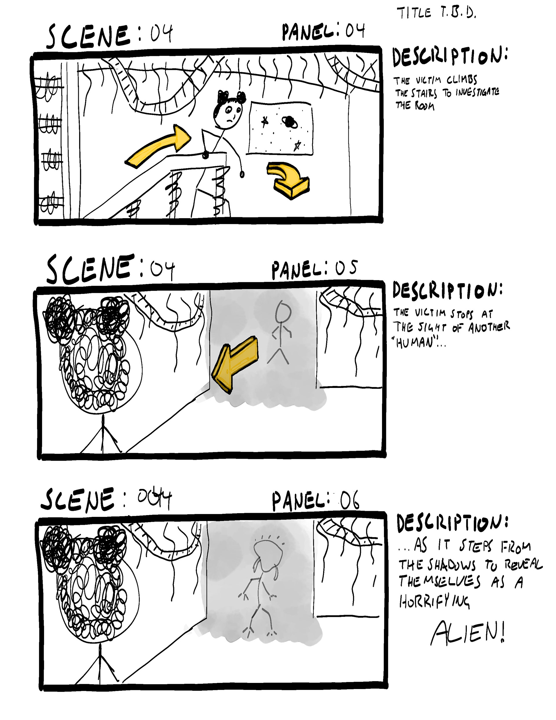 Kid's storyboards for their ailen movie.