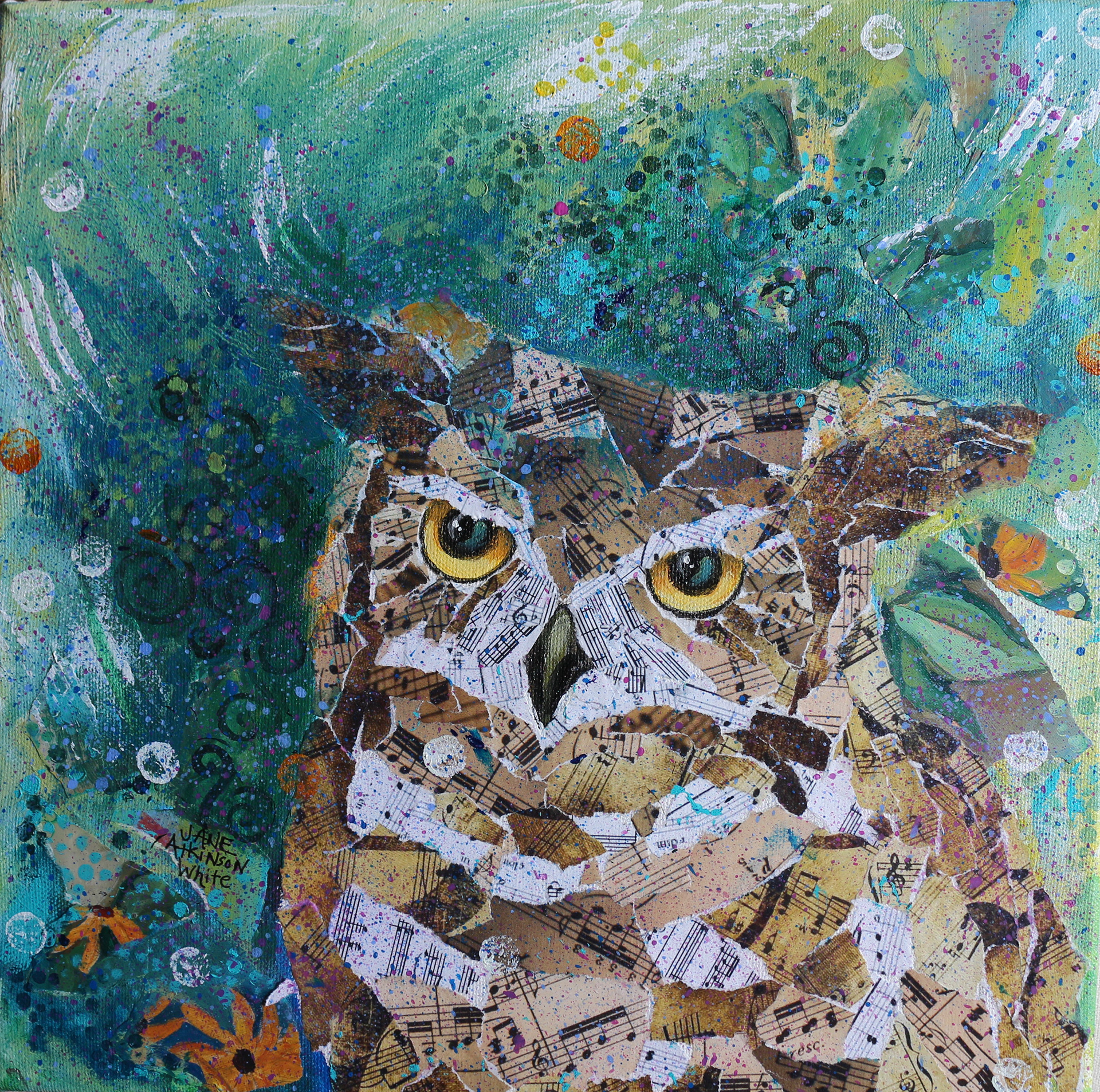 SOLD: Great Horned Owl, 12" x 12", Mixed Media on Canvas