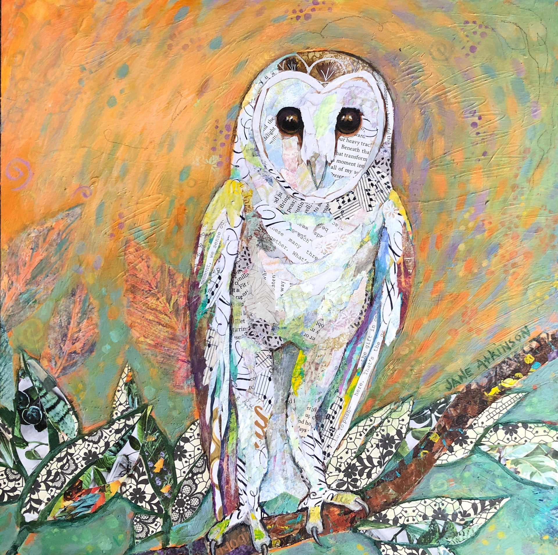 SOLD, Barn Owl, Mixed Media on Gallery Cradled Board, 12" x 12"