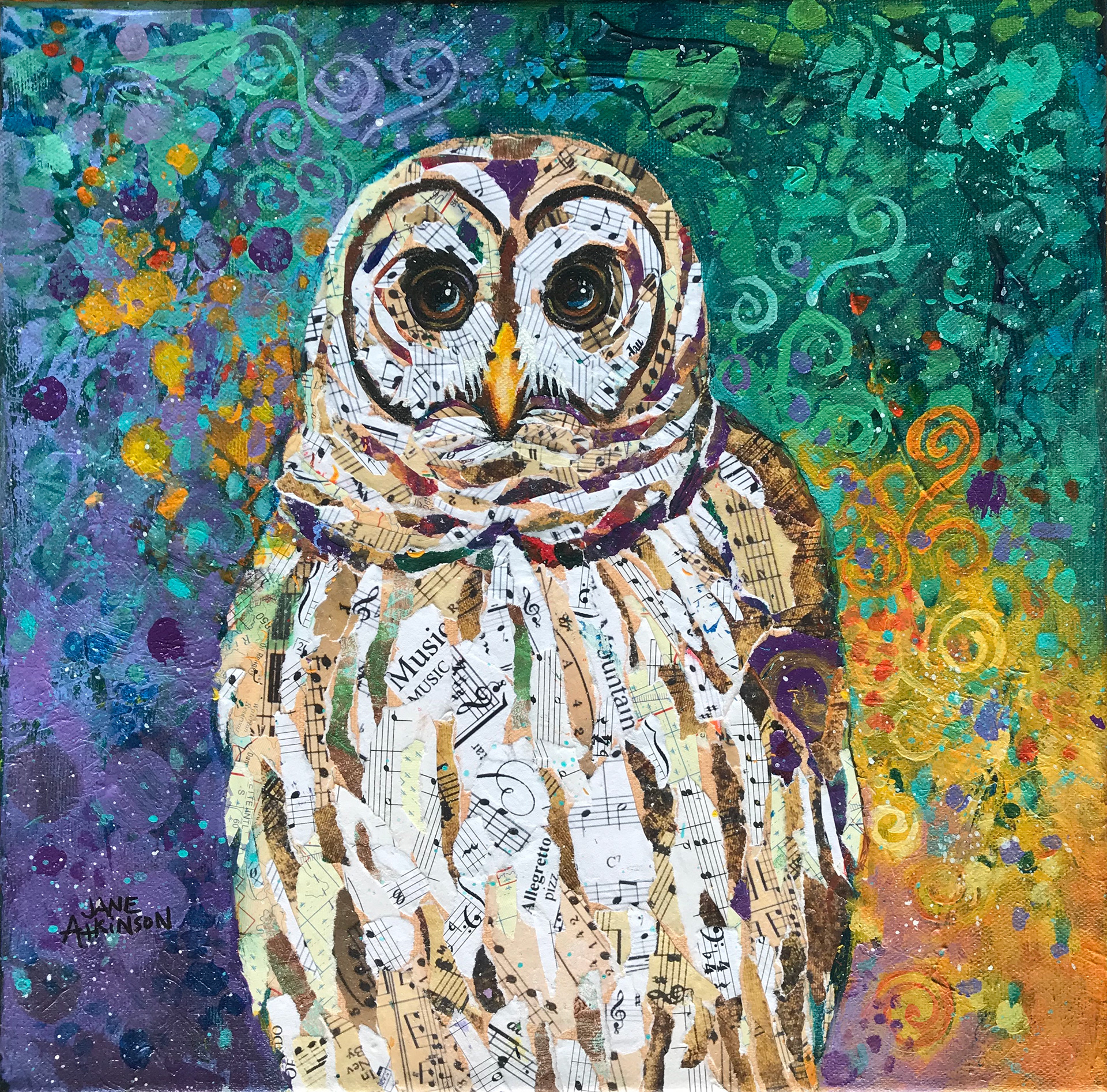 SOLD, Barred Owl, 12" x 12", Mixed Media on Canvas