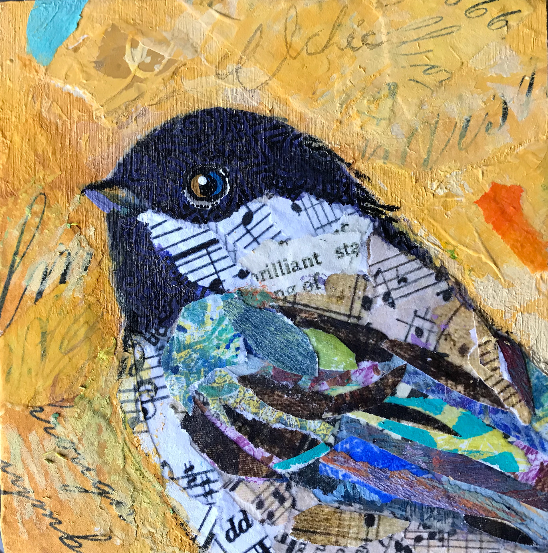SOLD, Bright Chickadee (Miniature), 4" x 4", Mixed Media on Wood Panel