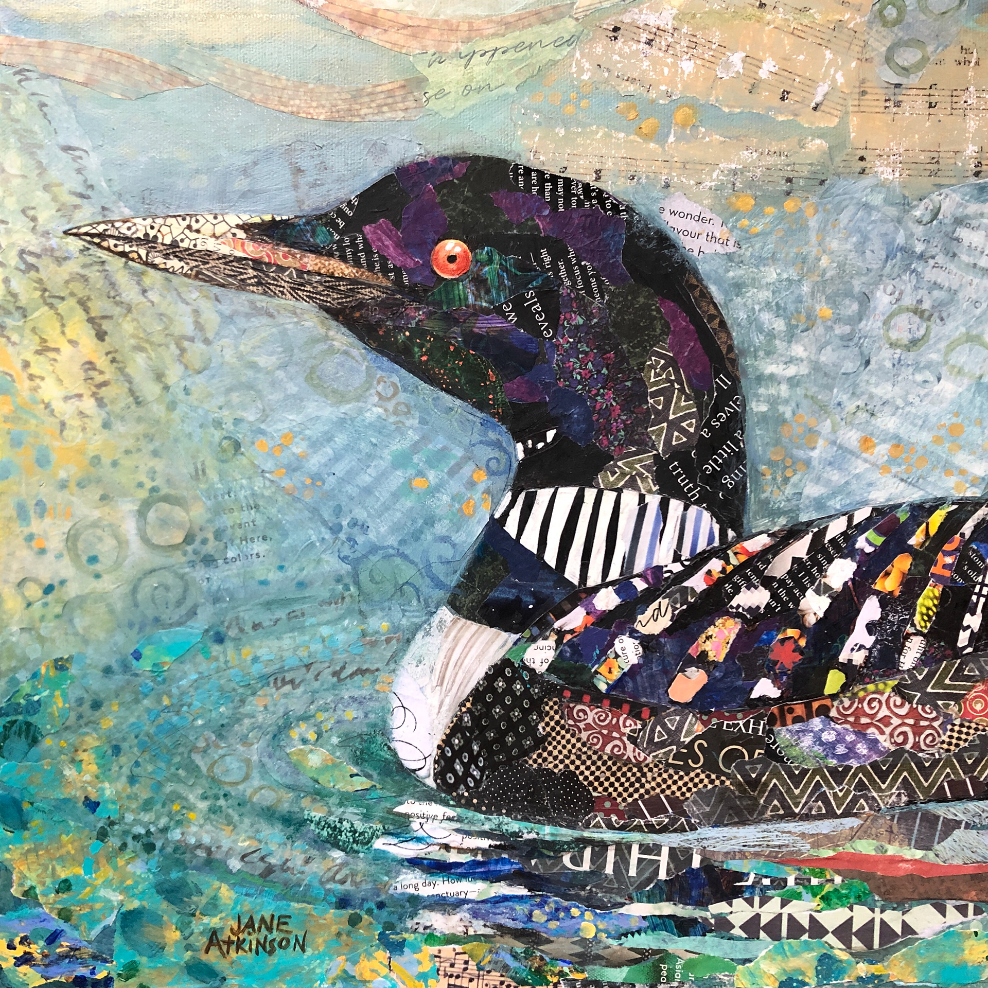 SOLD, Bright-Eyed Loon, 12" x 12", Mixed Media on Gallery Stretched Canvas
