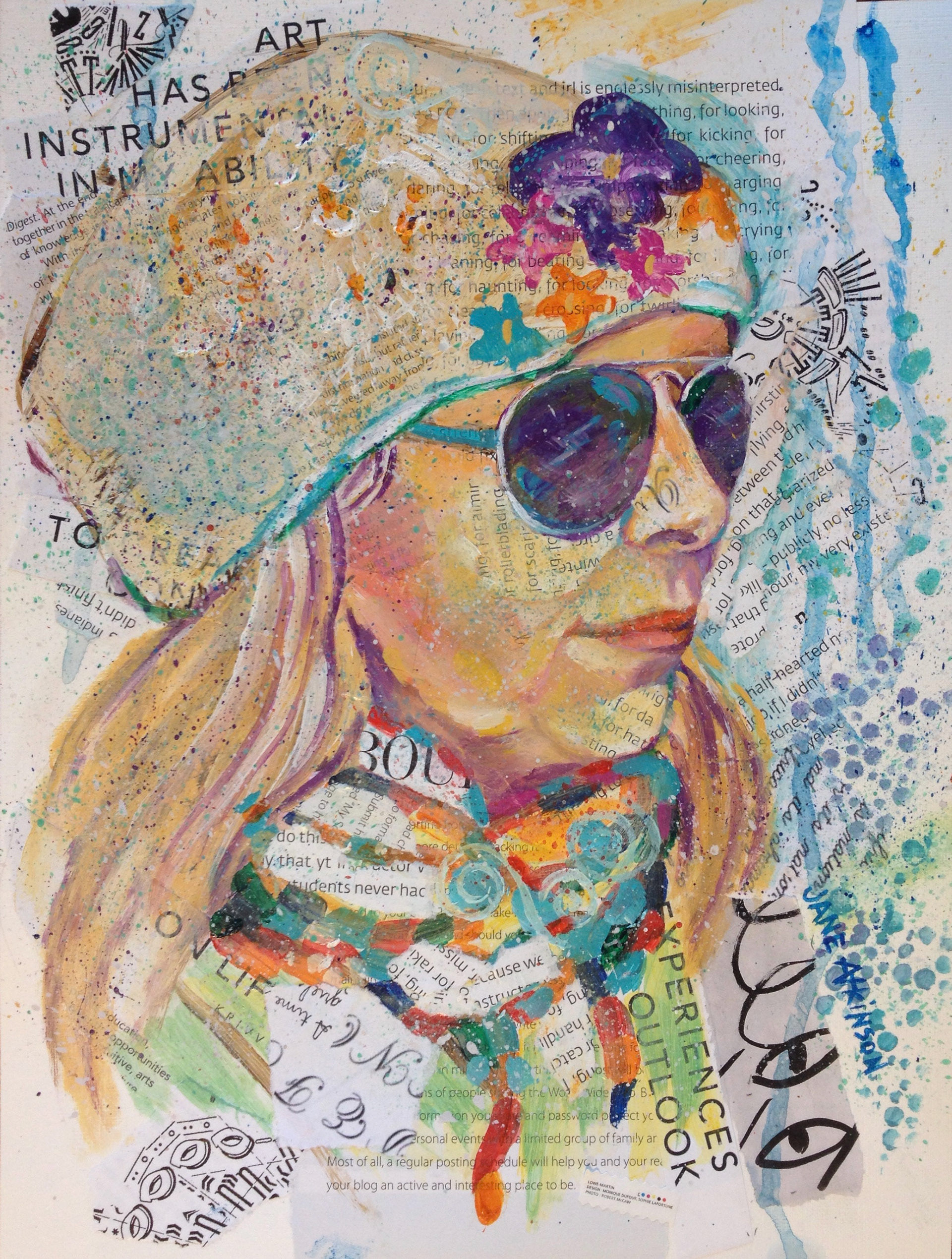 SOLD: Flowered Hat, 9" x 12", Mixed Media