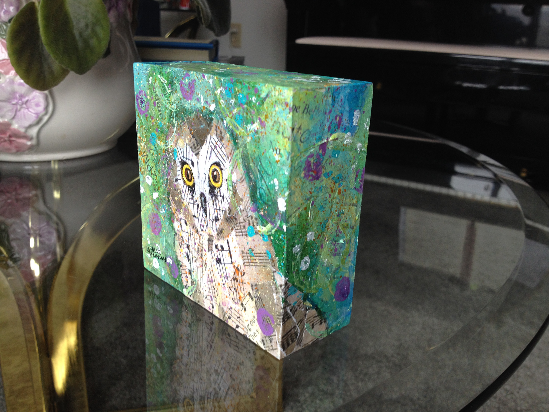 SOLD: Northern Saw-Whet Owl, 4" x 4", Mixed Media on Wood