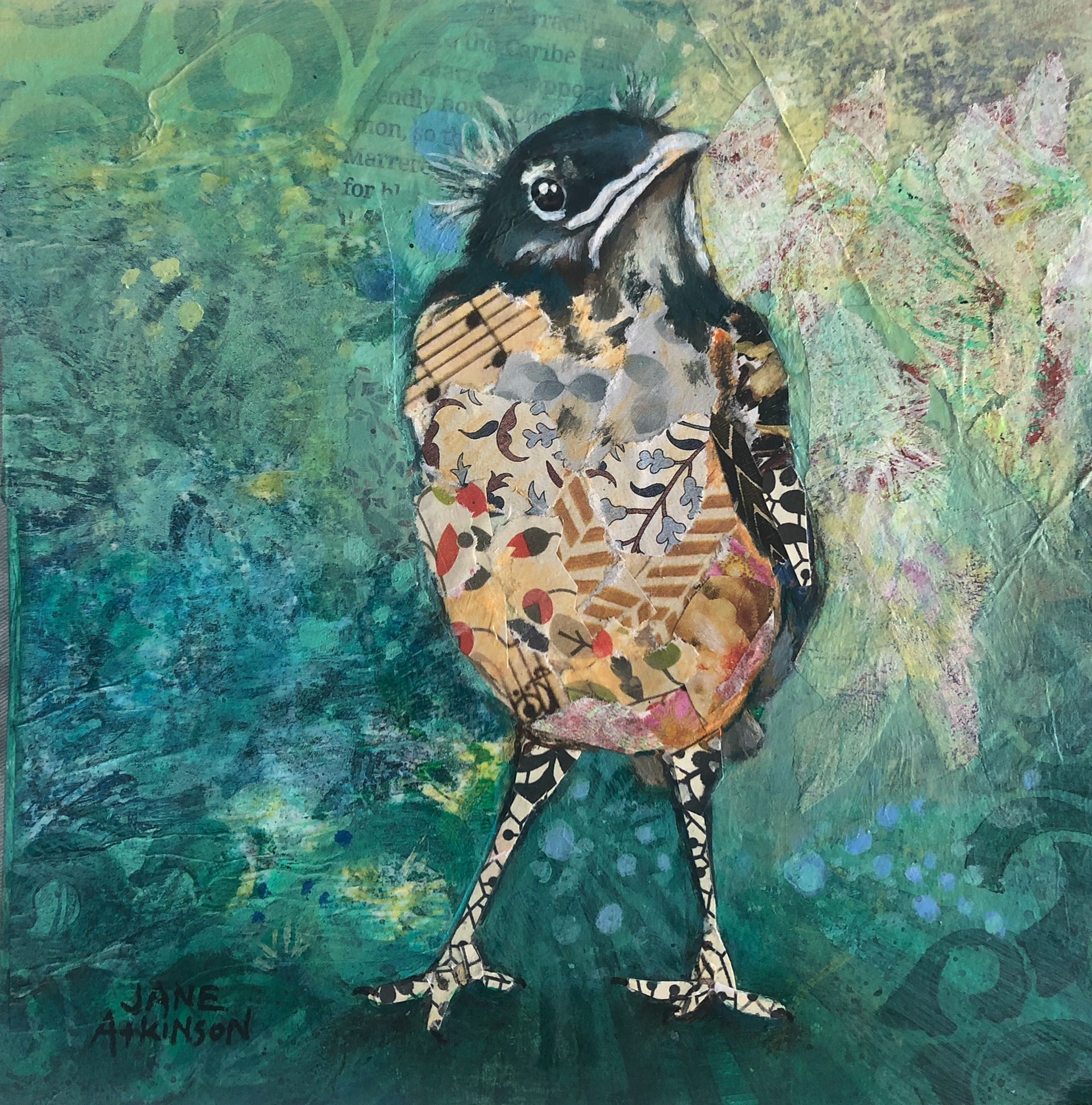 Robin Fledgling #2, 6"w x 6"d x 1.5"d, (Miniature) Mixed Media mounted on cradled board, $90.00