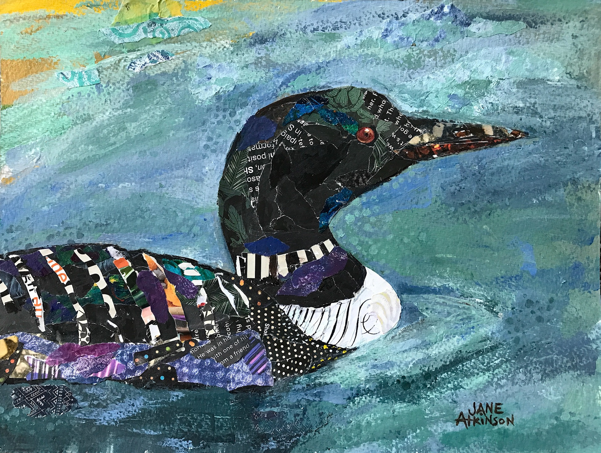 SOLD, Loon On Vowel Lake, 12"w x 9"d, Mixed Media