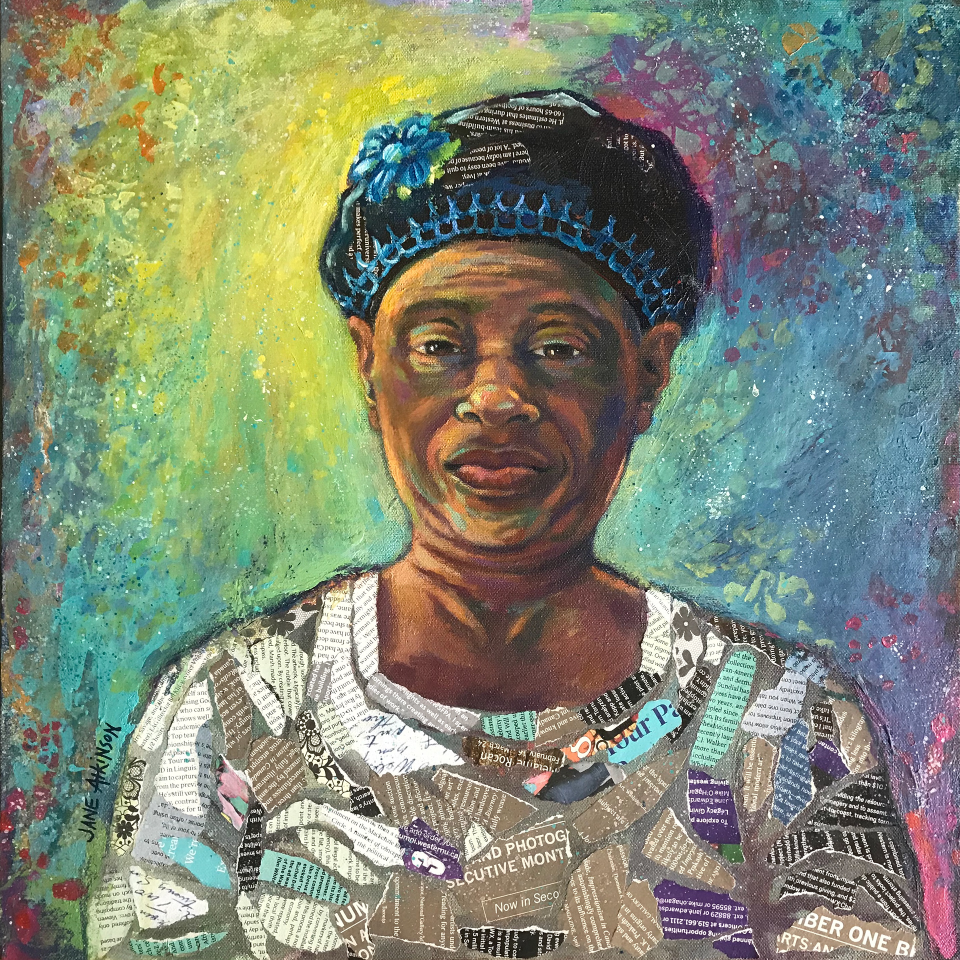 Banana Lady, Dominican Republic, 18" x 18", mixed media on canvas, $550.00
