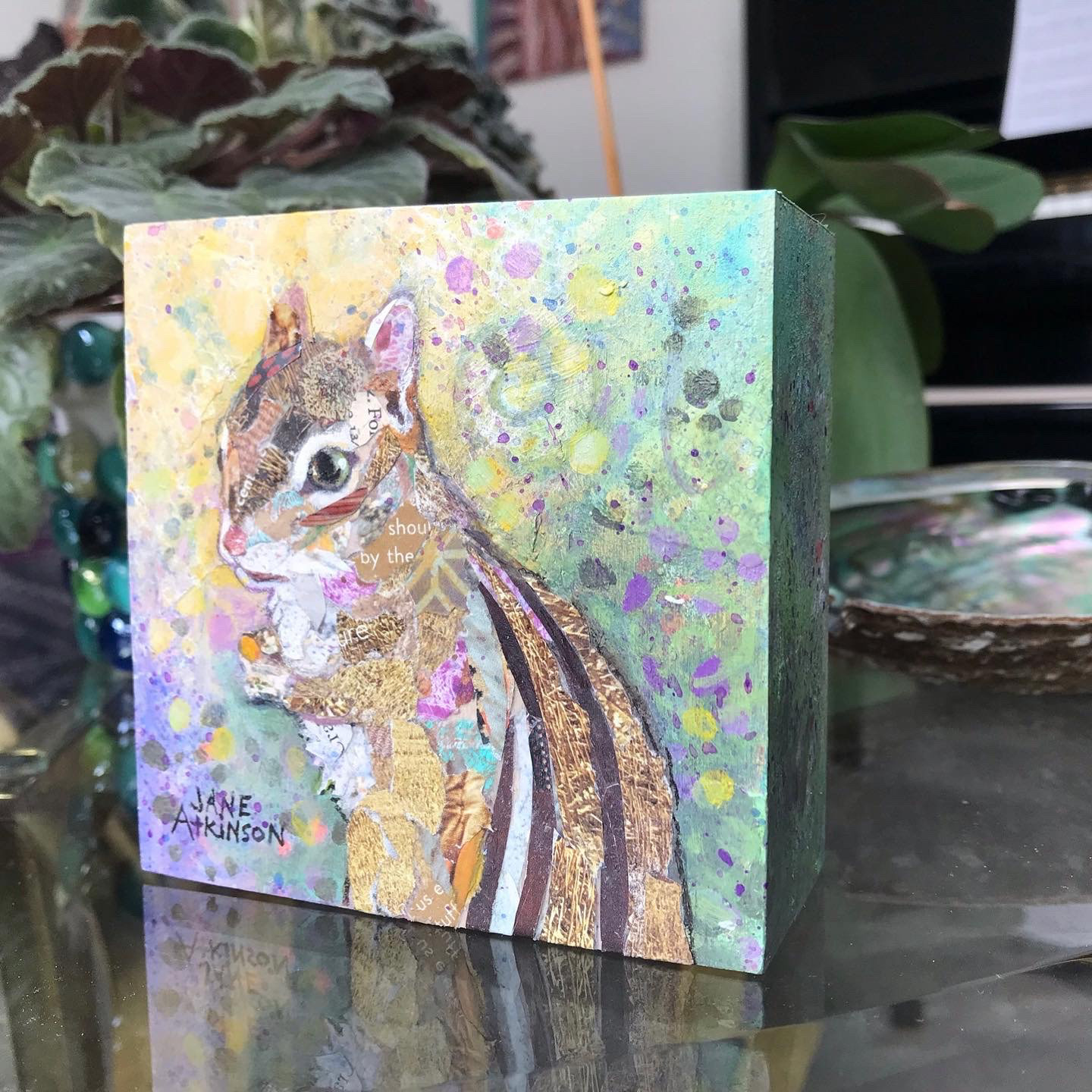 Chipmunk with Peanut, 4" x 4" miniature, Mixed Media on Cradled Board