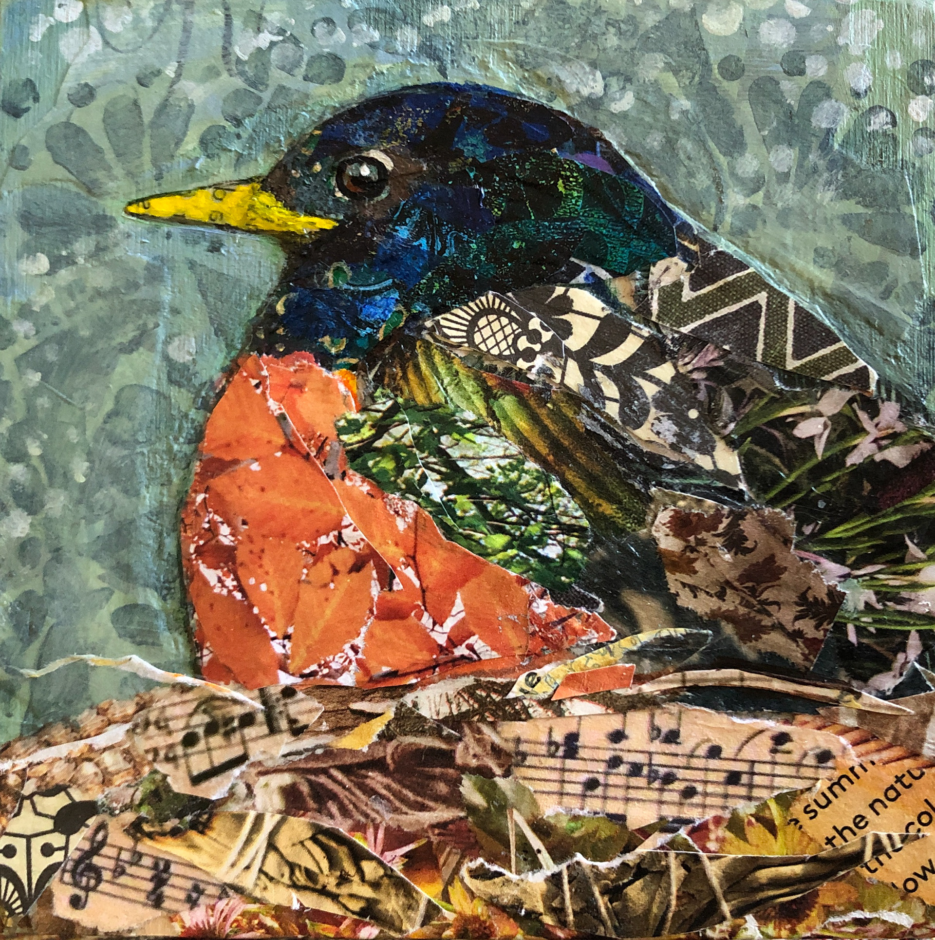 Robin Waiting Patiently, 4" x 4" x 1.5"d, Mixed Media on Cradled Board, $90.00