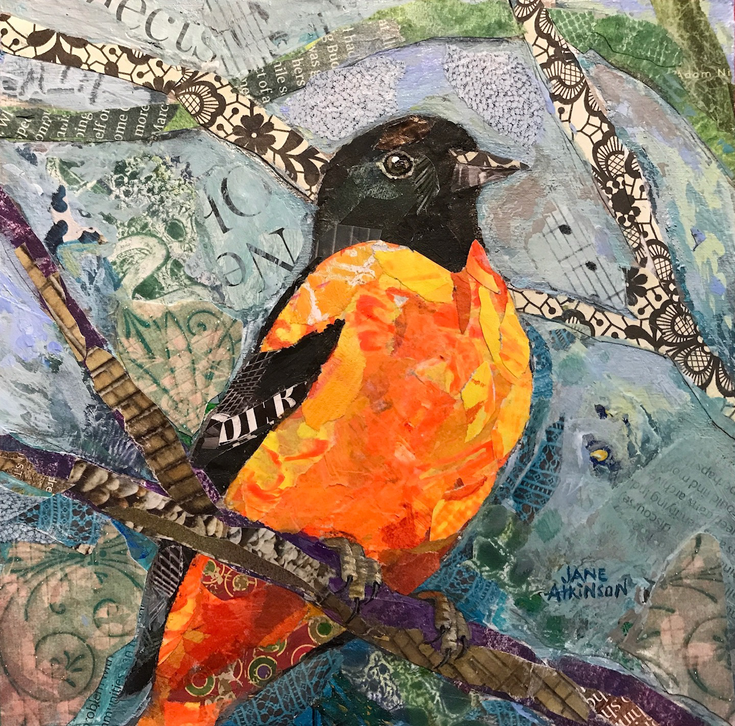 SOLD, Miniature "Summer Guest" (Baltimore Oriole), 6" x 6", Mixed Media On Board
