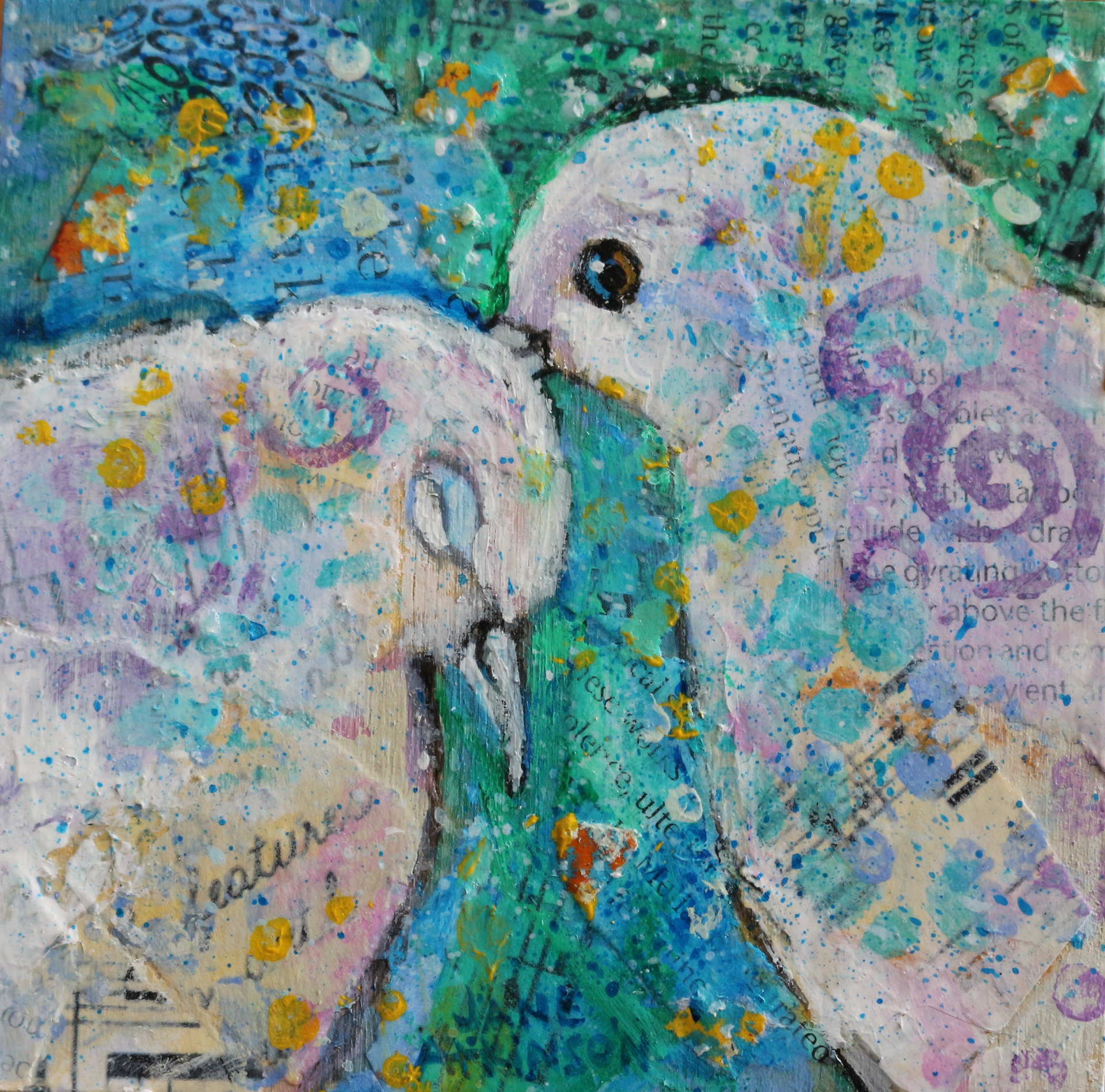 SOLD: Love Birds, 4" x 4", Mixed Media
