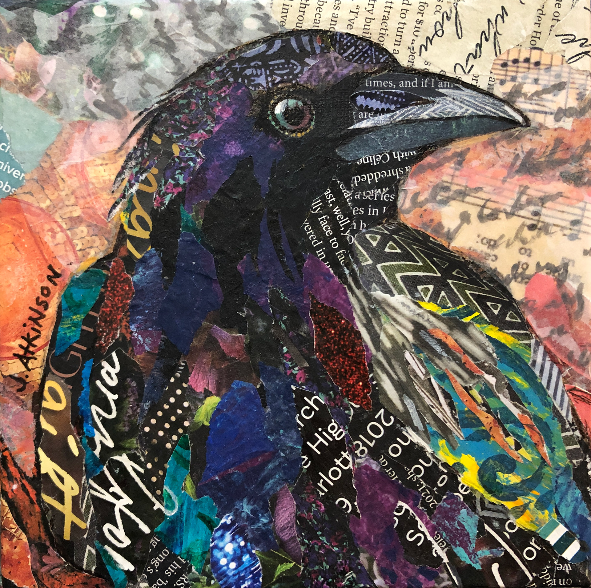 Judge's Choice Award 2023, Colourful Crow, 6" x 6", Mixed Media on Gallery Stretched Canvas, $98.00