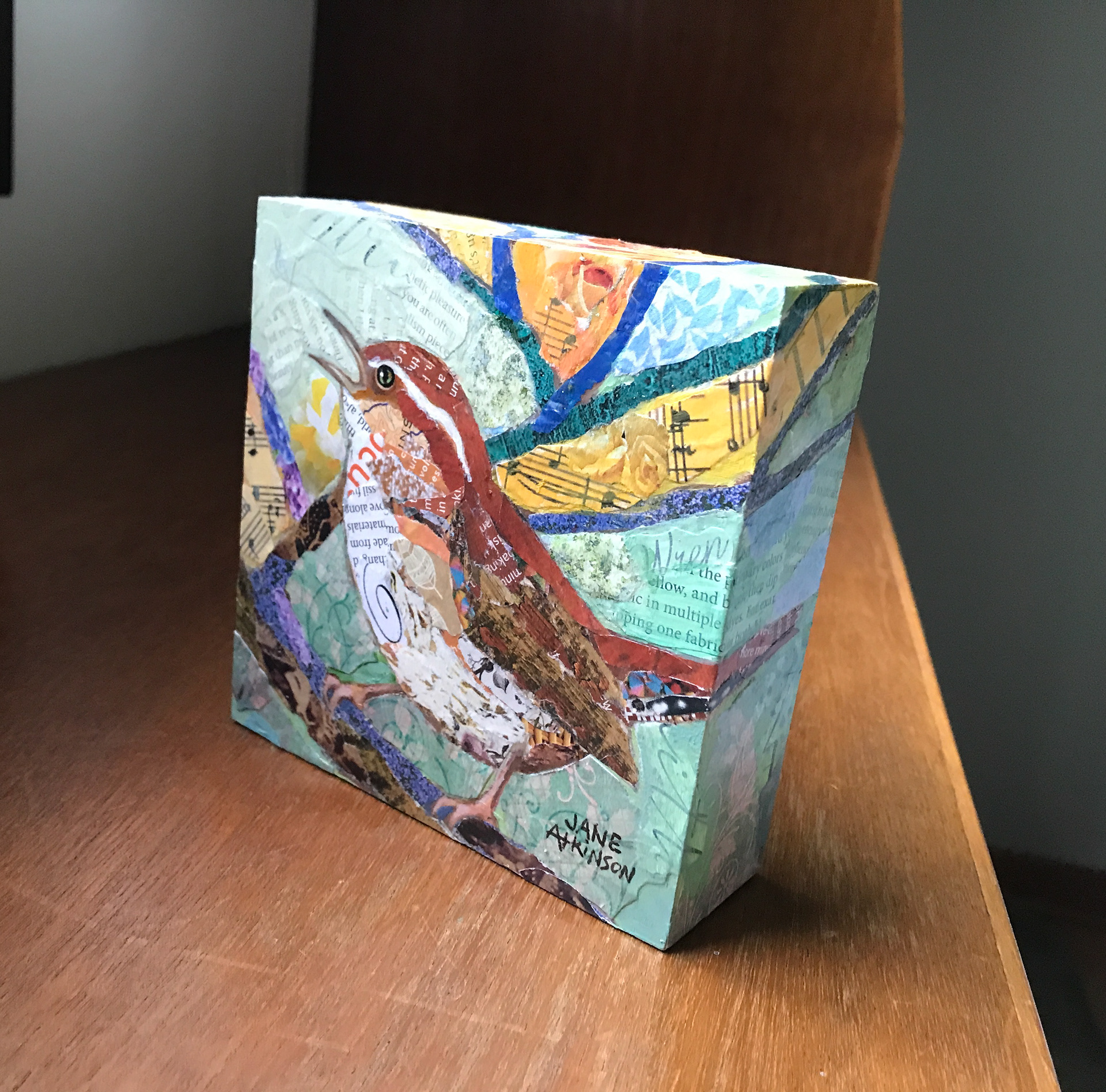 Commission, Miniature "Carolina Wren Sings", 5" x 5", Mixed Media On Board