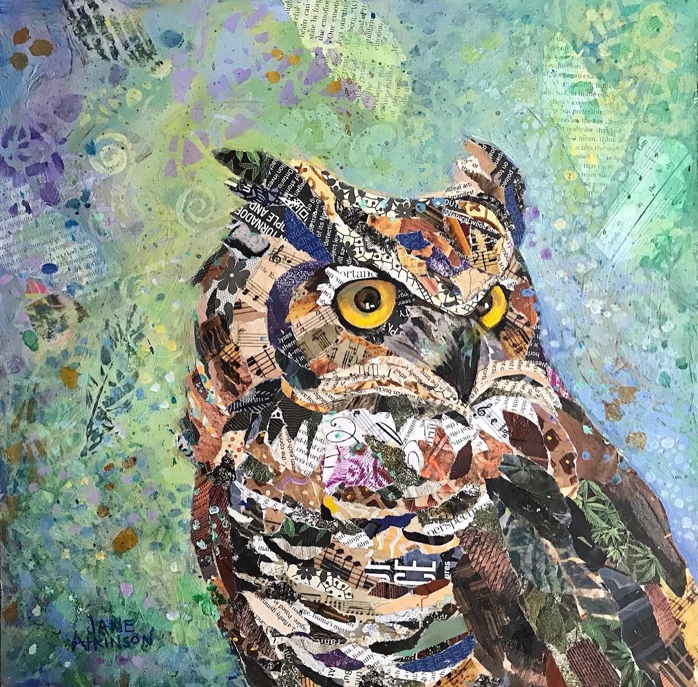 SOLD: Great Horned Owl, 12" x 12", Mixed media on cradled board