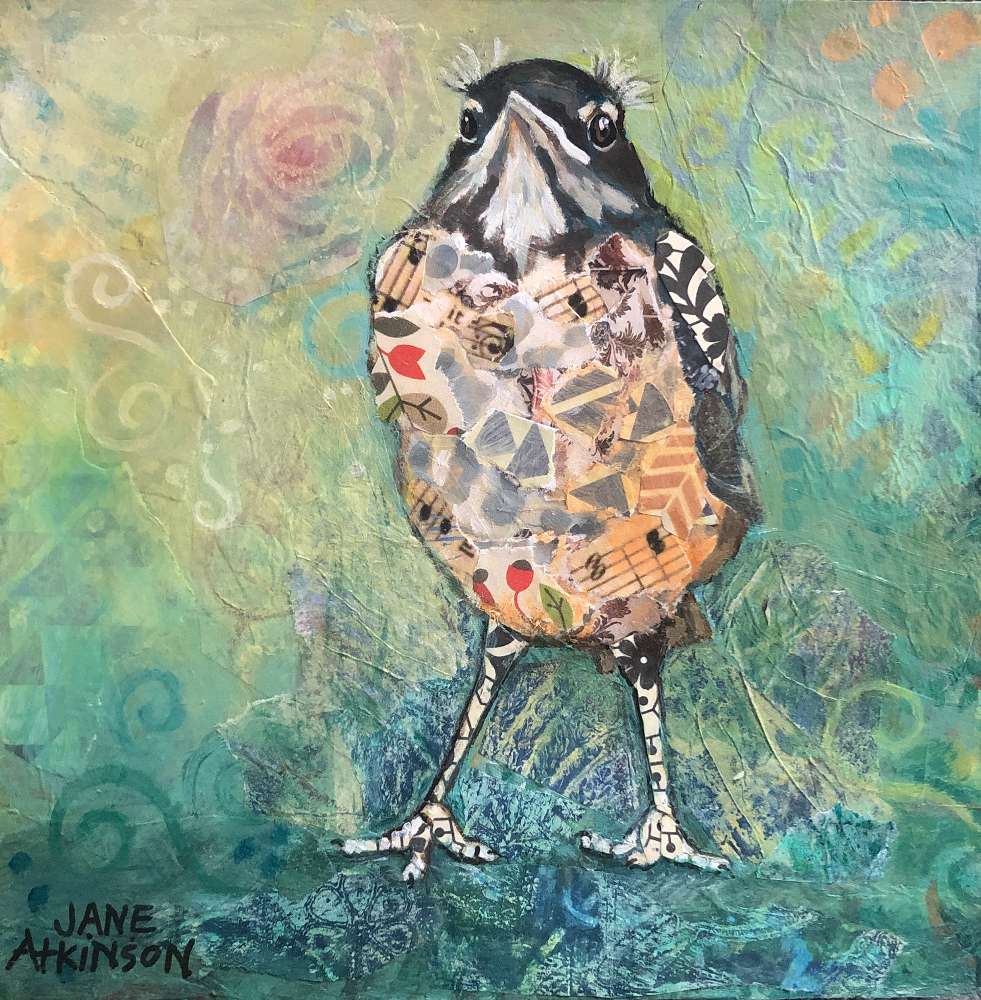 Robin Fledgling #3, 6"w x 6"d x 1.5"d, (Miniature) Mixed Media mounted on cradled board, $90.00