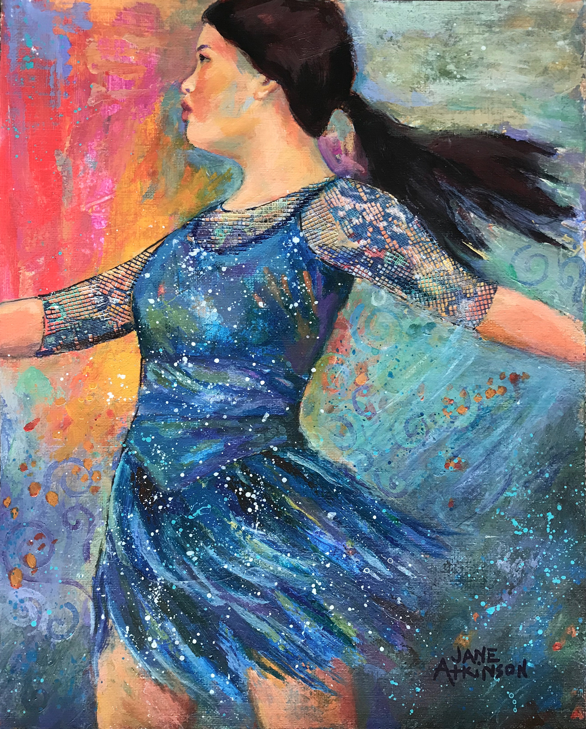 NFS: Blue Dancer, 8"w x 10"d, Mixed Media on Canson Paper