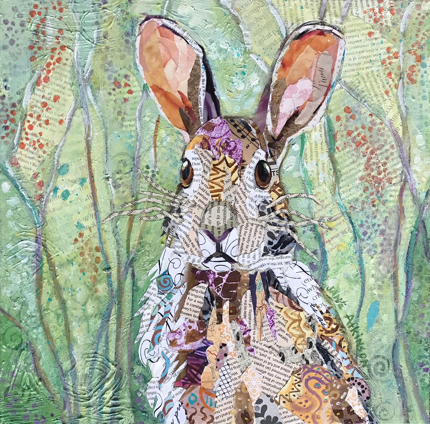 SOLD: Rabbit In Tall Grasses, 12" x 12", Mixed Media on Gallery Stretched Canvas