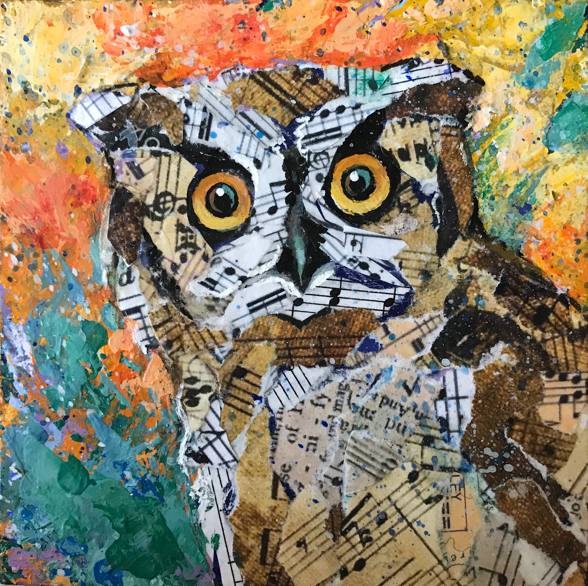 SOLD: Screech Owl, 4" x 4", Mixed Media on Wood Panel