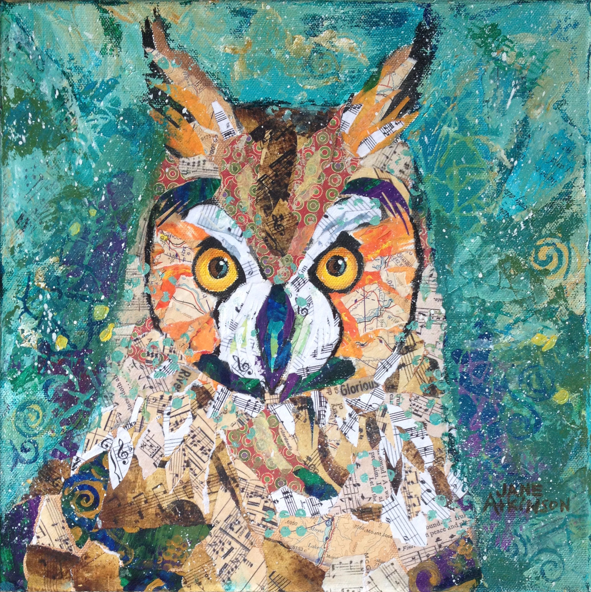 Long Eared Owl, 12" x 12", Mixed Media on Canvas, $285.00