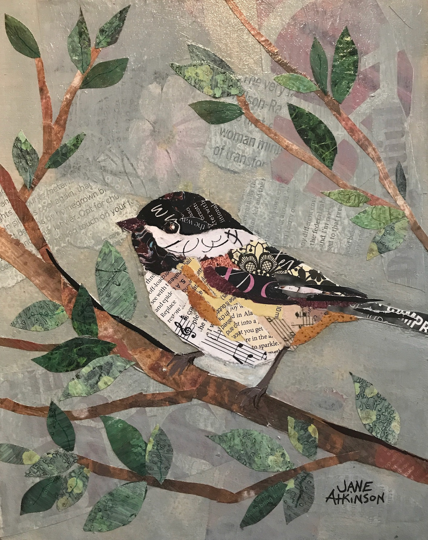 SOLD, Chickadee Resting, 8" x 10", Mixed Media on Gallery Depth Cradled Board, $105.00