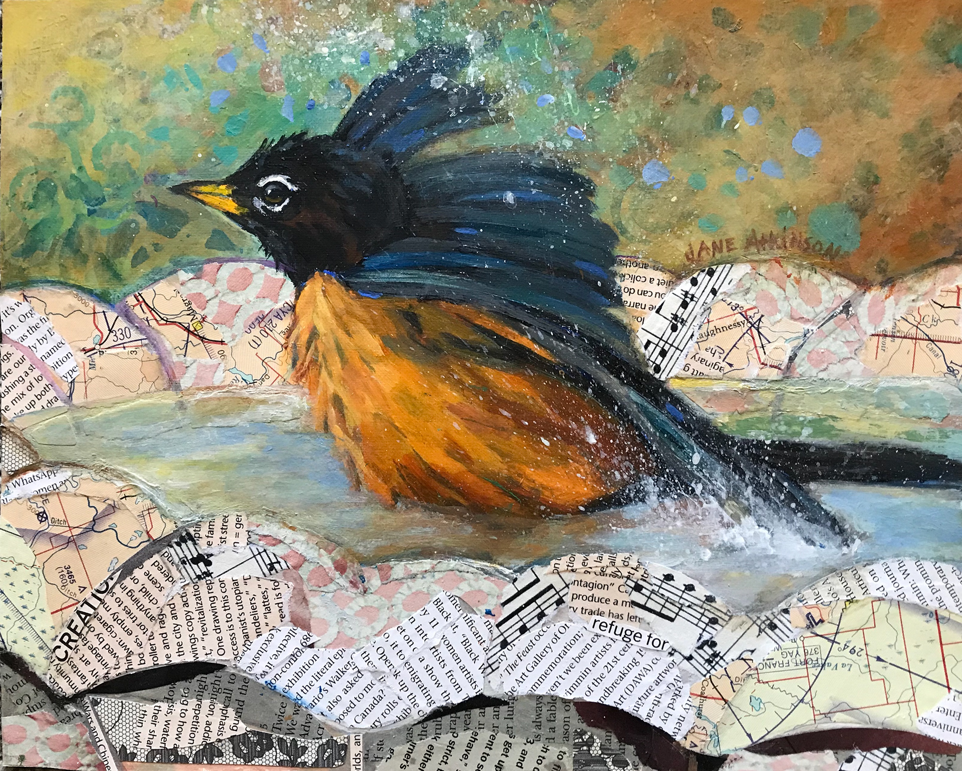 SOLD, Splashing Robin, 8" x 10", mixed media