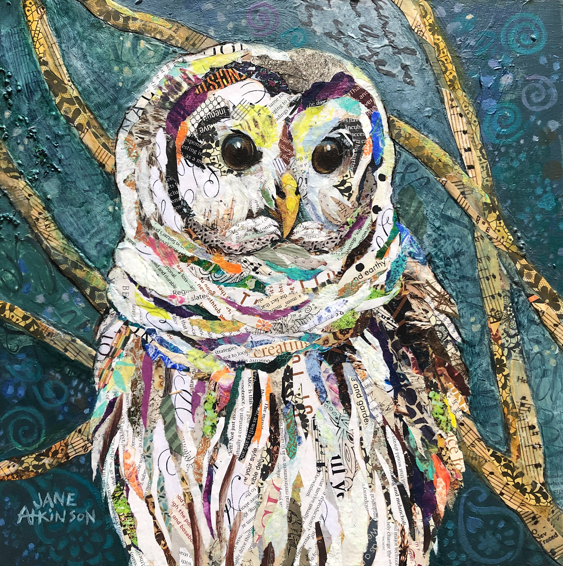 SOLD, Night Watch (Barred Owl), 12" x 12", Mixed Media on Board, $315.00