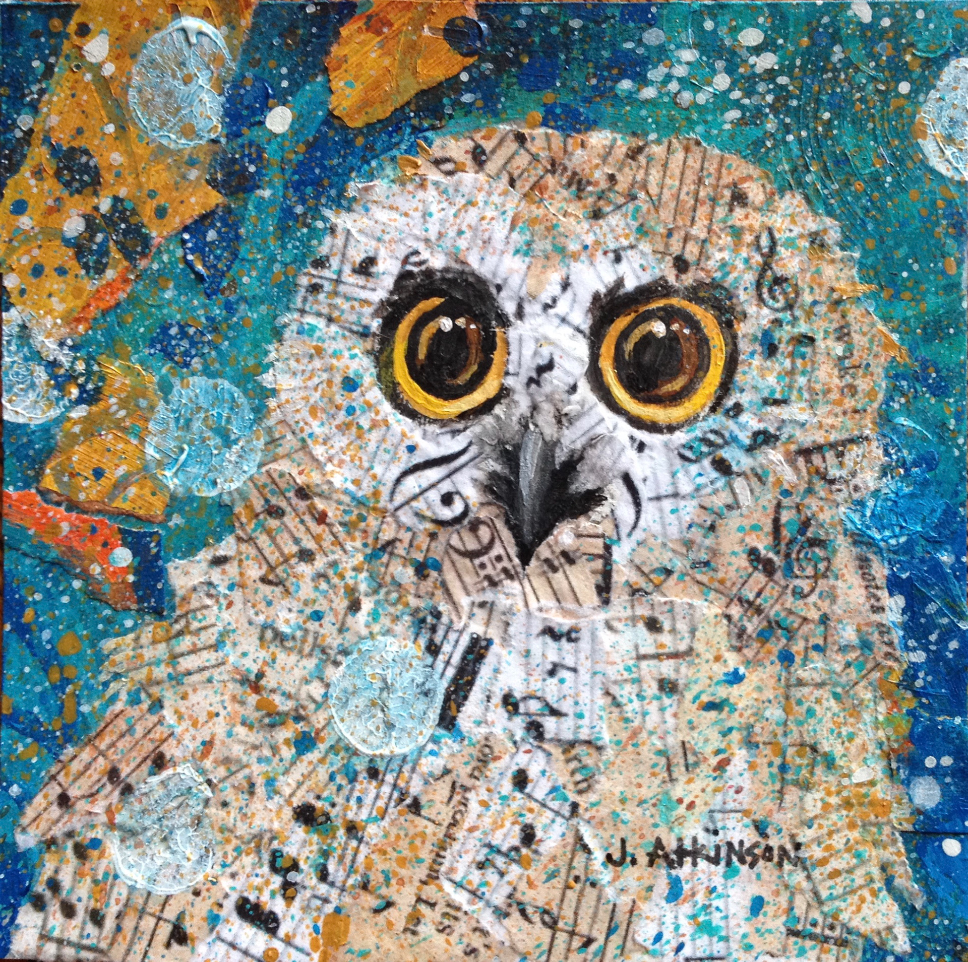 SOLD: Northern Saw-Whet Owl, 4" x 4", Mixed Media on Wood Panel