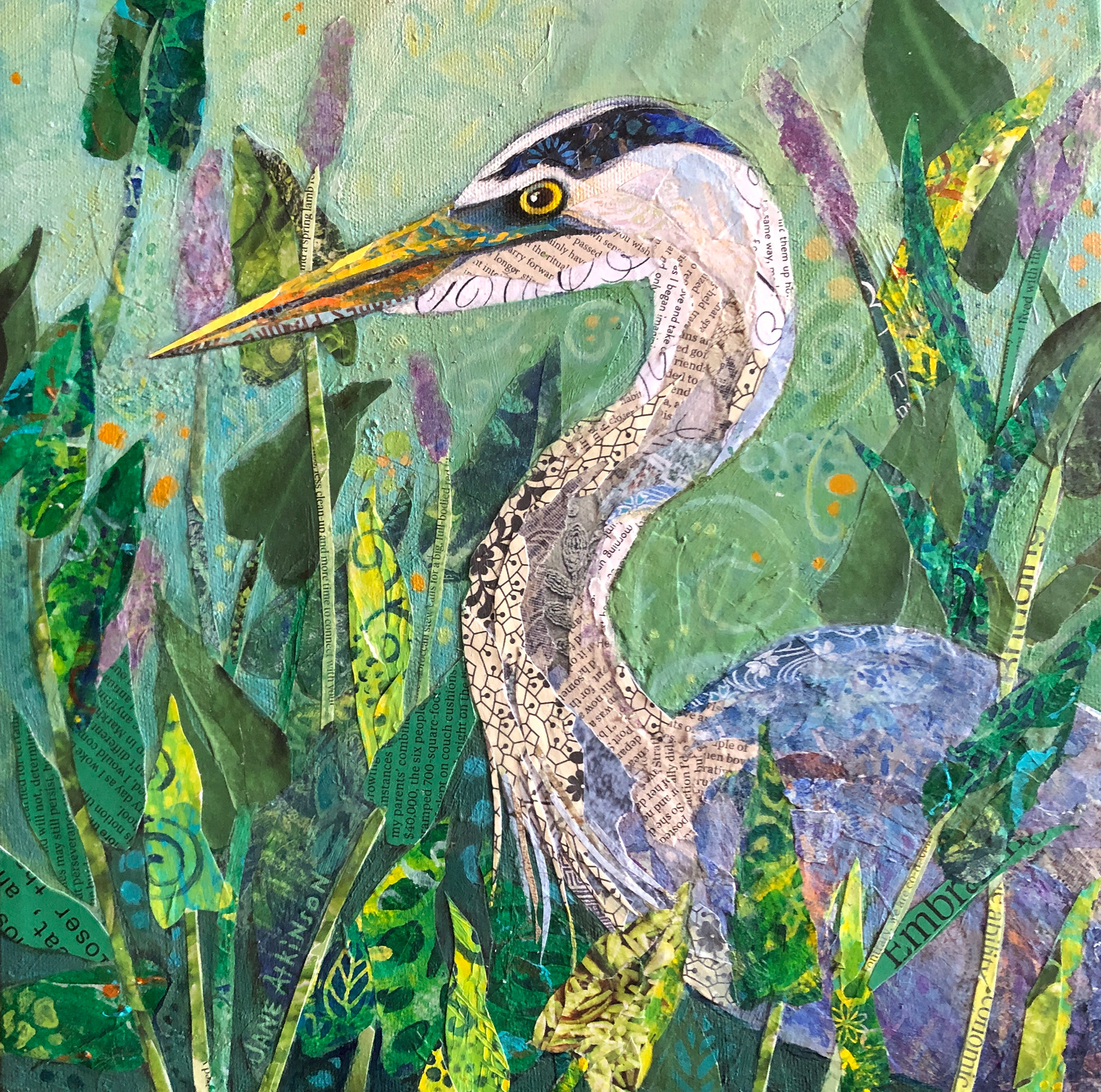 SOLD, Stealthy Fisher, 12" x 12" x 1.5"deep, Mixed Media on Gallery Stretched Canvas