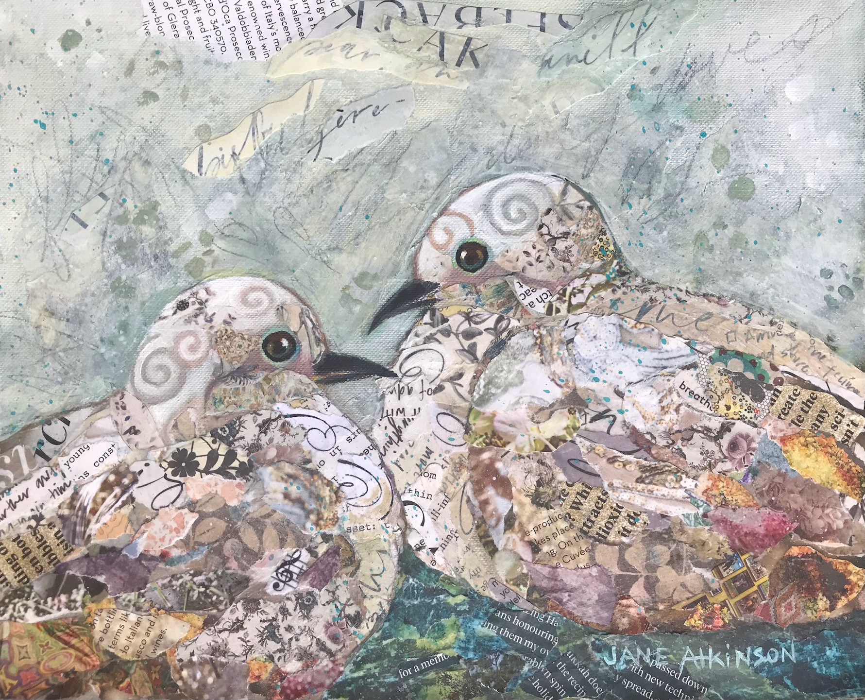 SOLD, Young Doves, 10"w x 8"L x 1.5"d, Mixed Media Mounted on Cradled Board