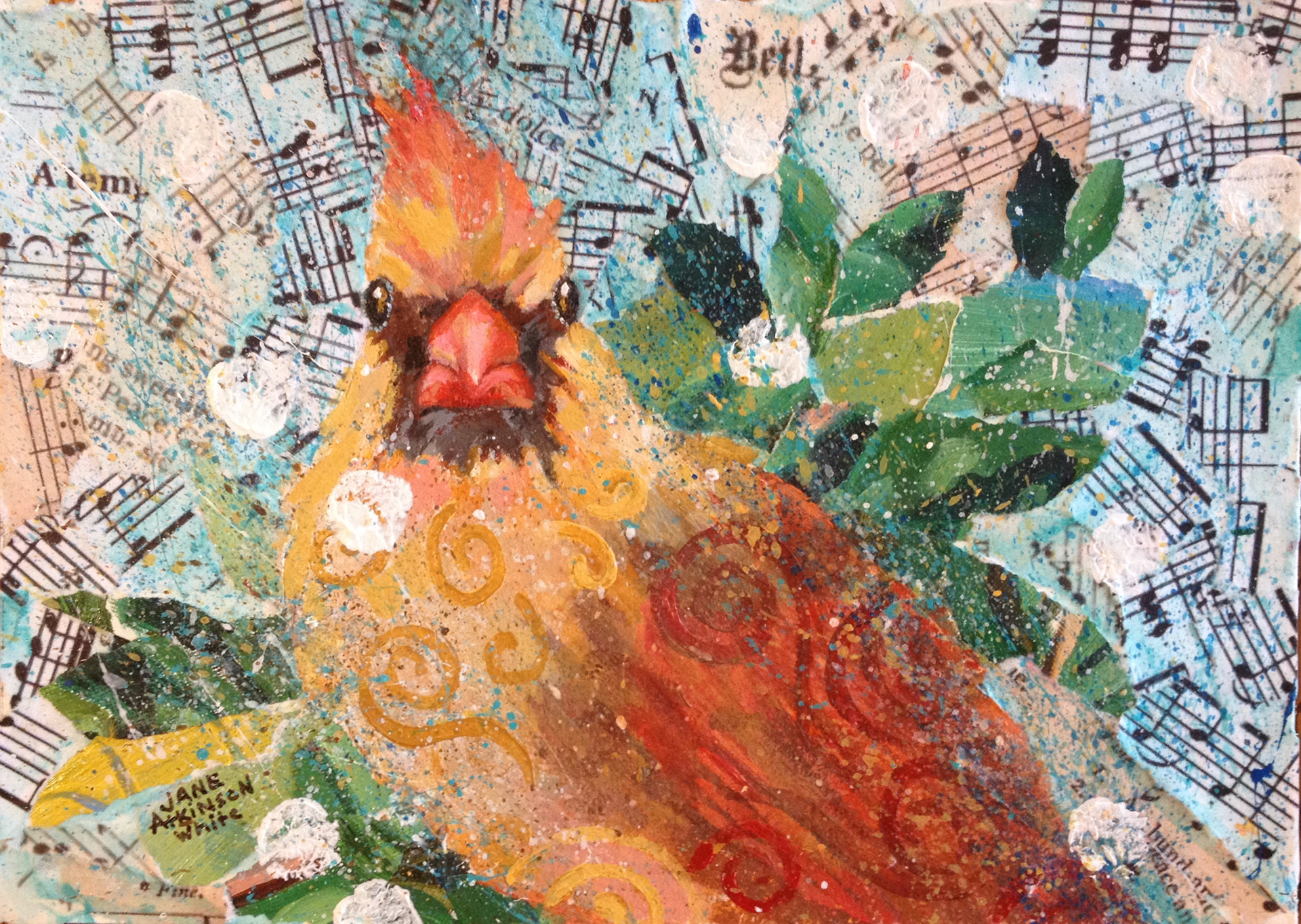 SOLD: Female Cardinal, 5" x 7", Mixed Media