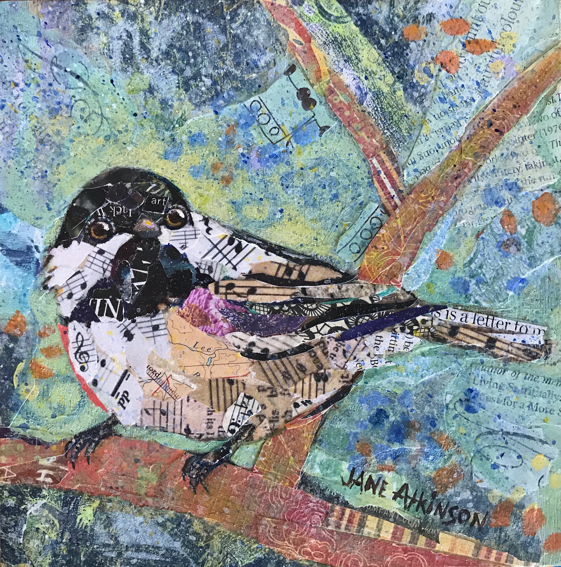SOLD, Miniature "Sweet Chickadee", 4" x 4", Mixed Media On Cradled Wood