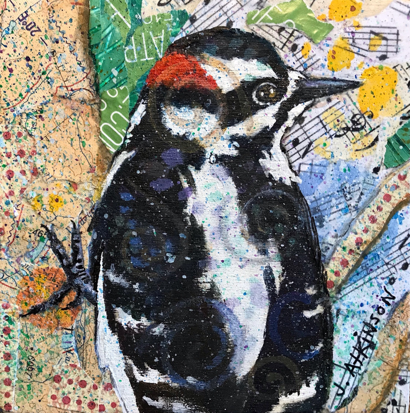 Miniature, "Downy Woodpecker", 4" x 4", Mixed Media on Cradled Wood, $85