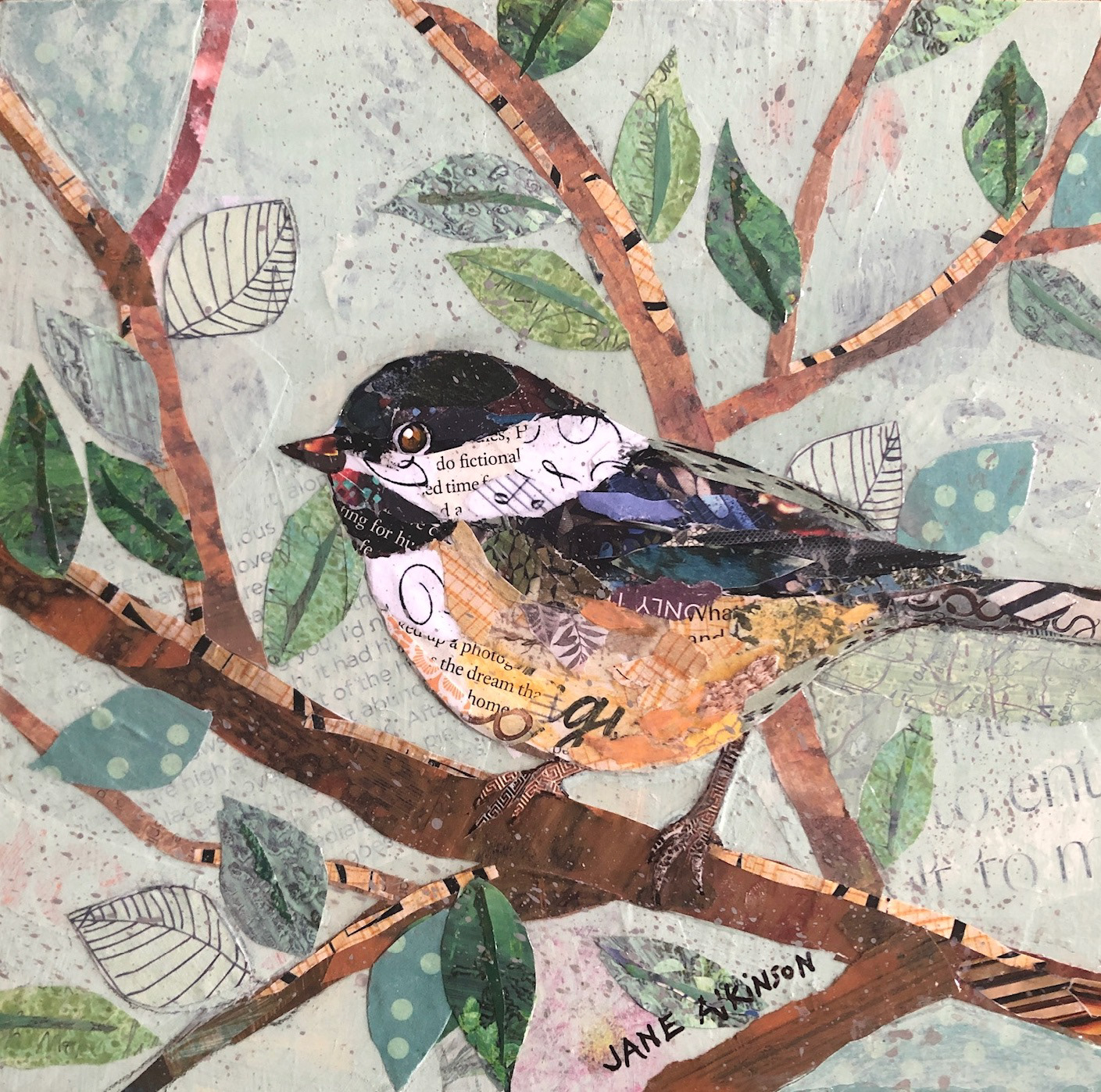 SOLD, Spring Chickadee, 8" x 8", Mixed Media on Gallery Depth Cradled Board