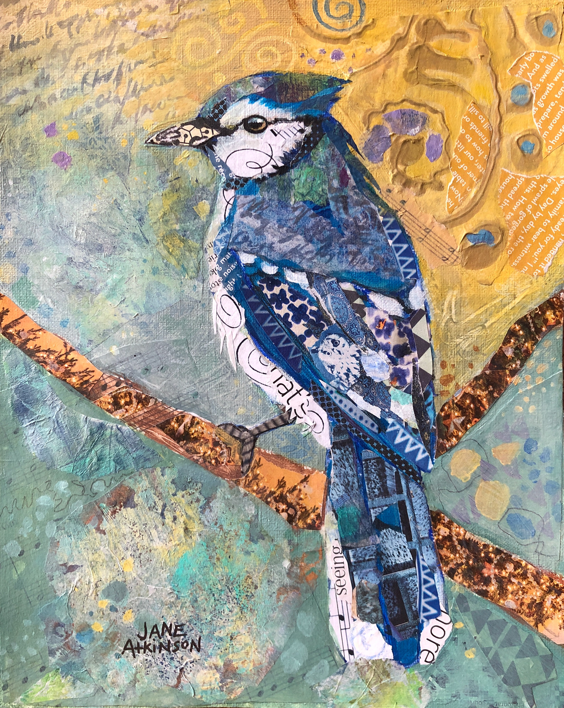 Blue Jay Watching, Mixed Media mounted on Gallery Cradled Board, 8"w x 10"L" x 1.5"d, $160.00