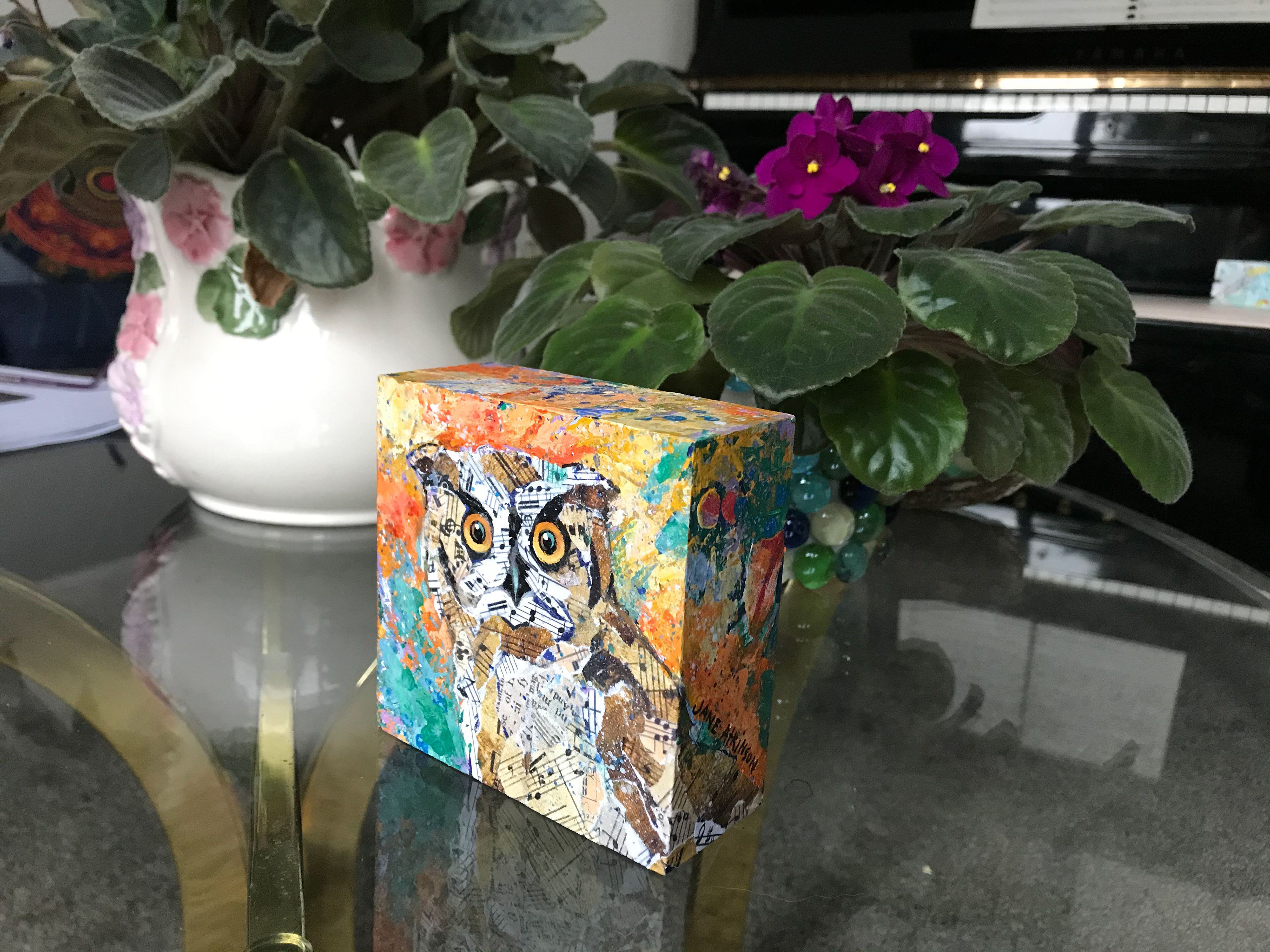 SOLD, Screech Owl, 4" x 4", Mixed Media on Wood Panel